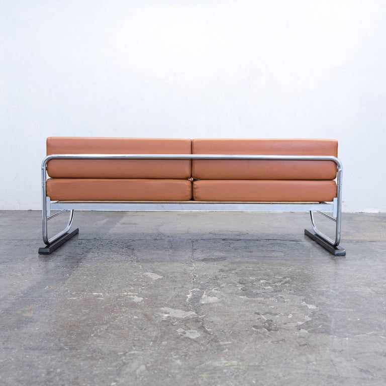 Gottwald Bauhaus Designer Sofa Leather Cognac Brown ThreeSeat Metal