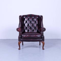 Chesterfield Armchair Red Oxblood Leather Vintage Retro Wood Handmade