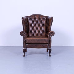 Chesterfield Armchair Brown Mocca Leather Vintage Retro Wood Handmade Rivets