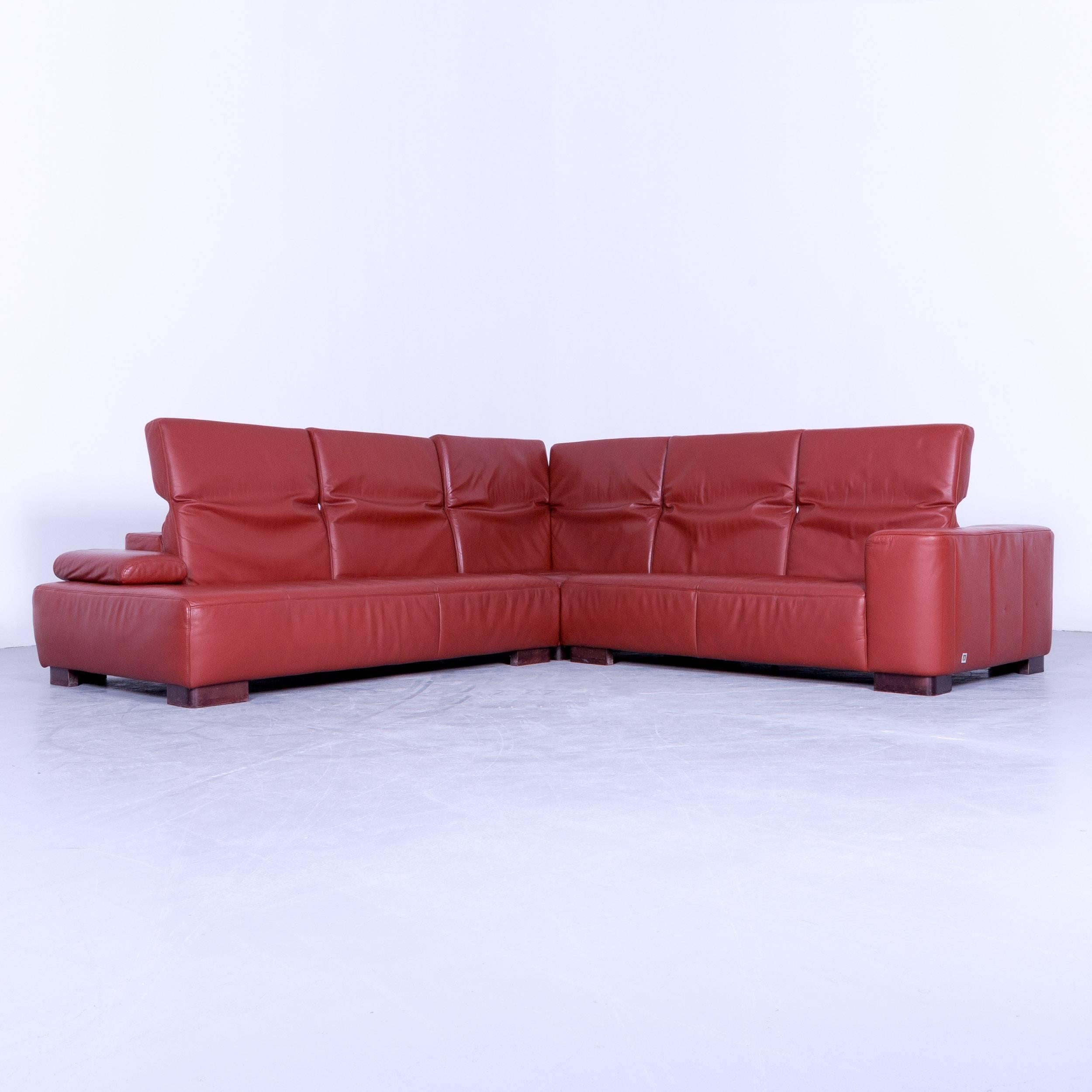 German Ewald Schillig Designer Corner Sofa Orange Red Leather Function Modern Wood