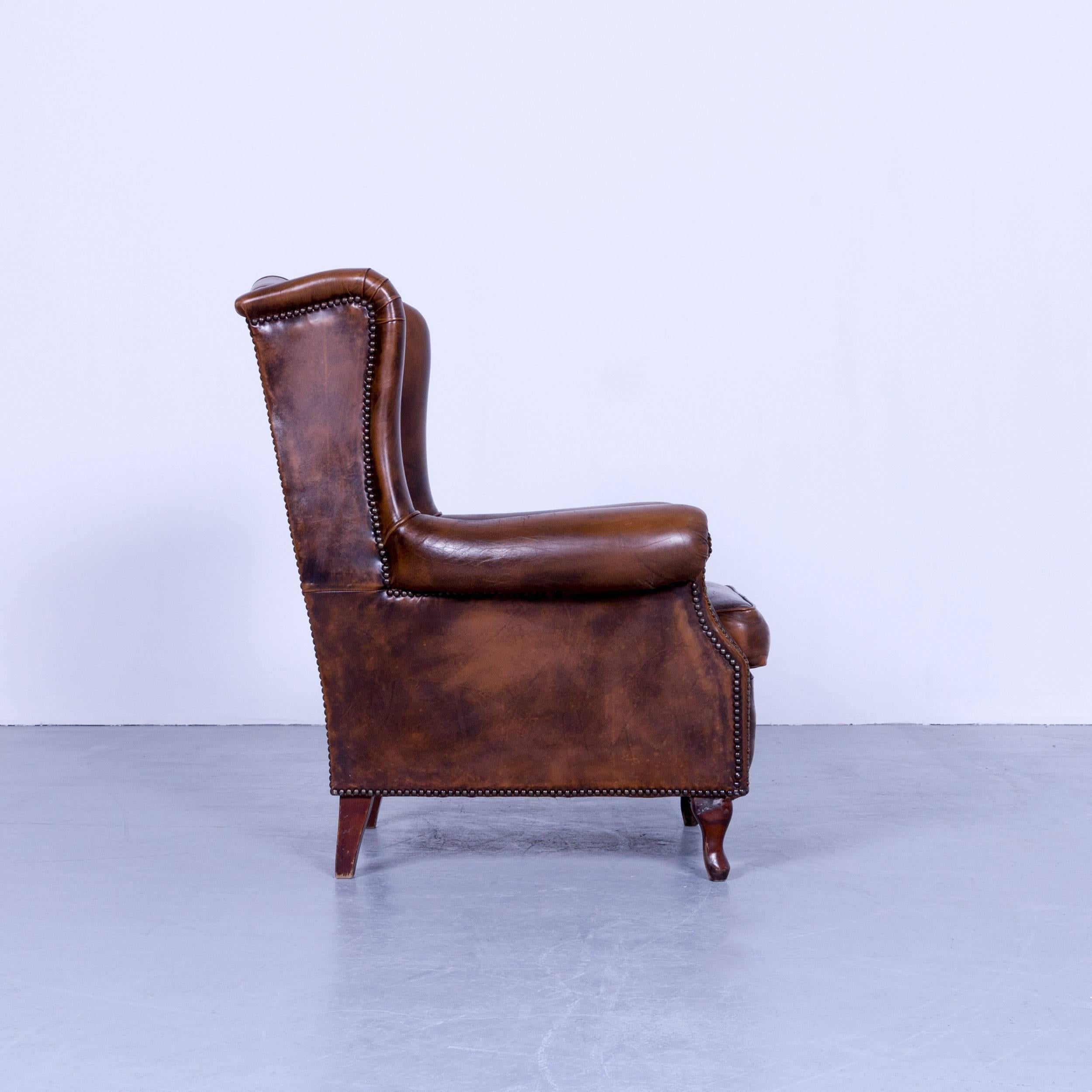 Chesterfield Armchair Brown Cocker Leather Buttoned Vintage Retro Wood Handmade For Sale 2