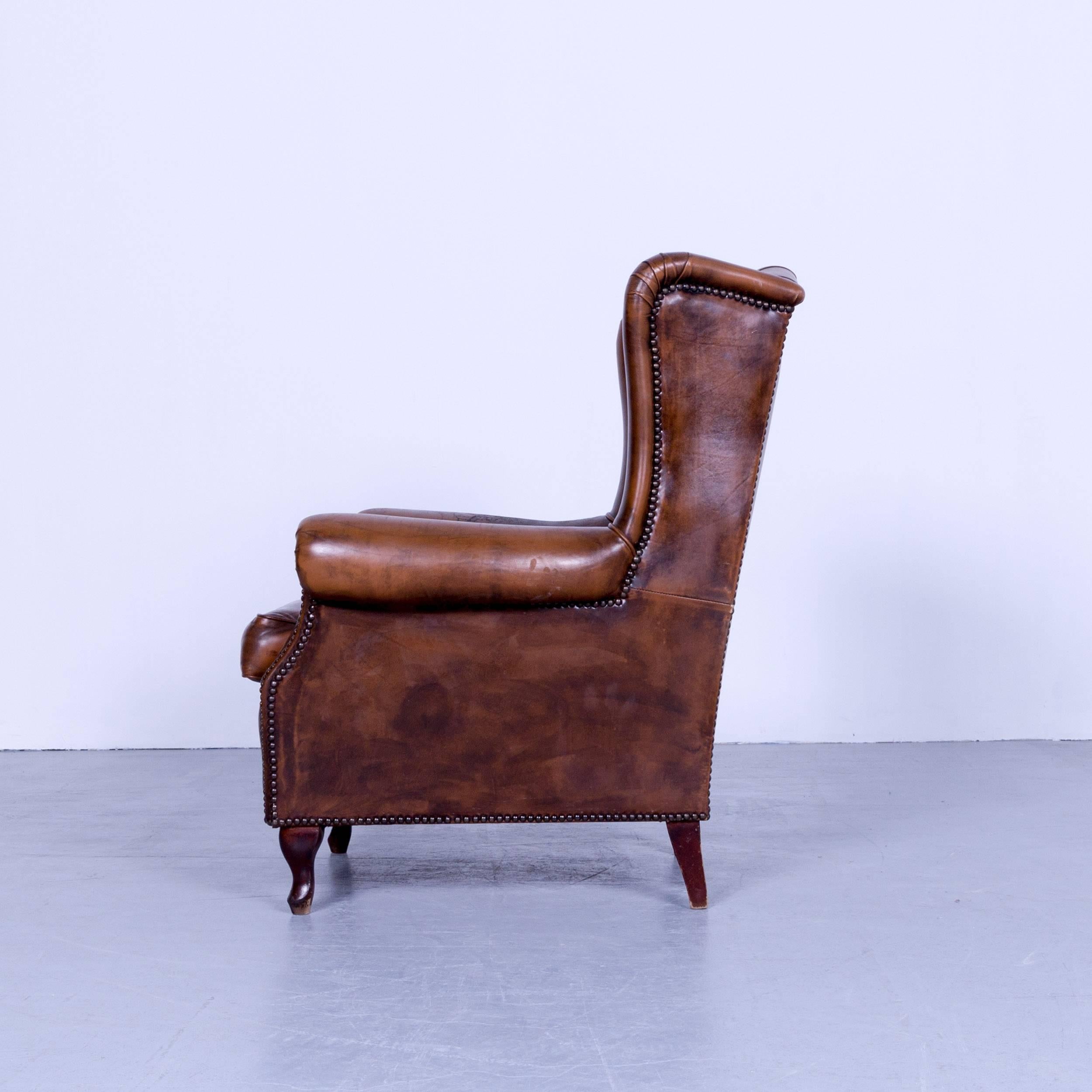 Chesterfield Armchair Brown Cocker Leather Buttoned Vintage Retro Wood Handmade For Sale 4
