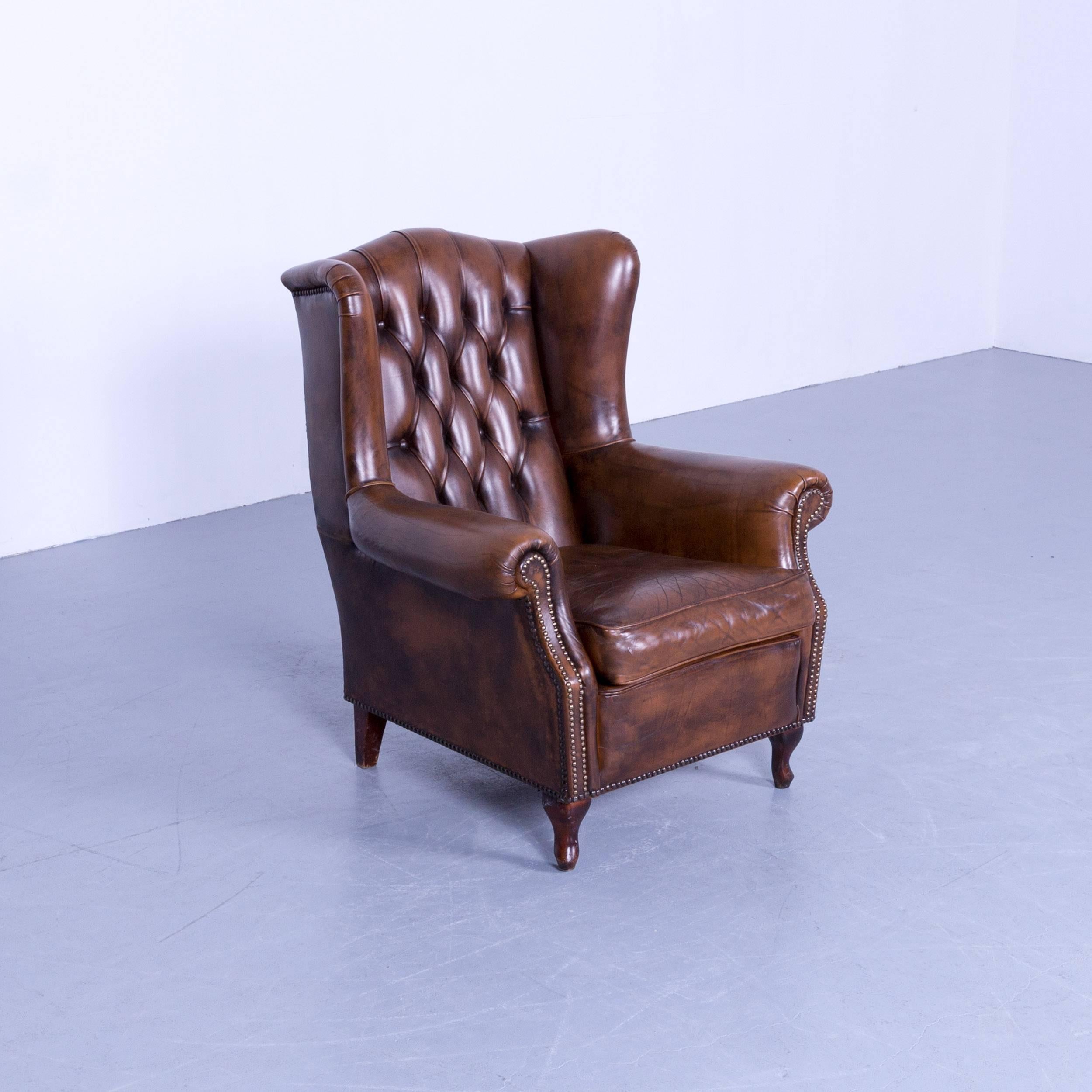 German Chesterfield Armchair Brown Cocker Leather Buttoned Vintage Retro Wood Handmade For Sale