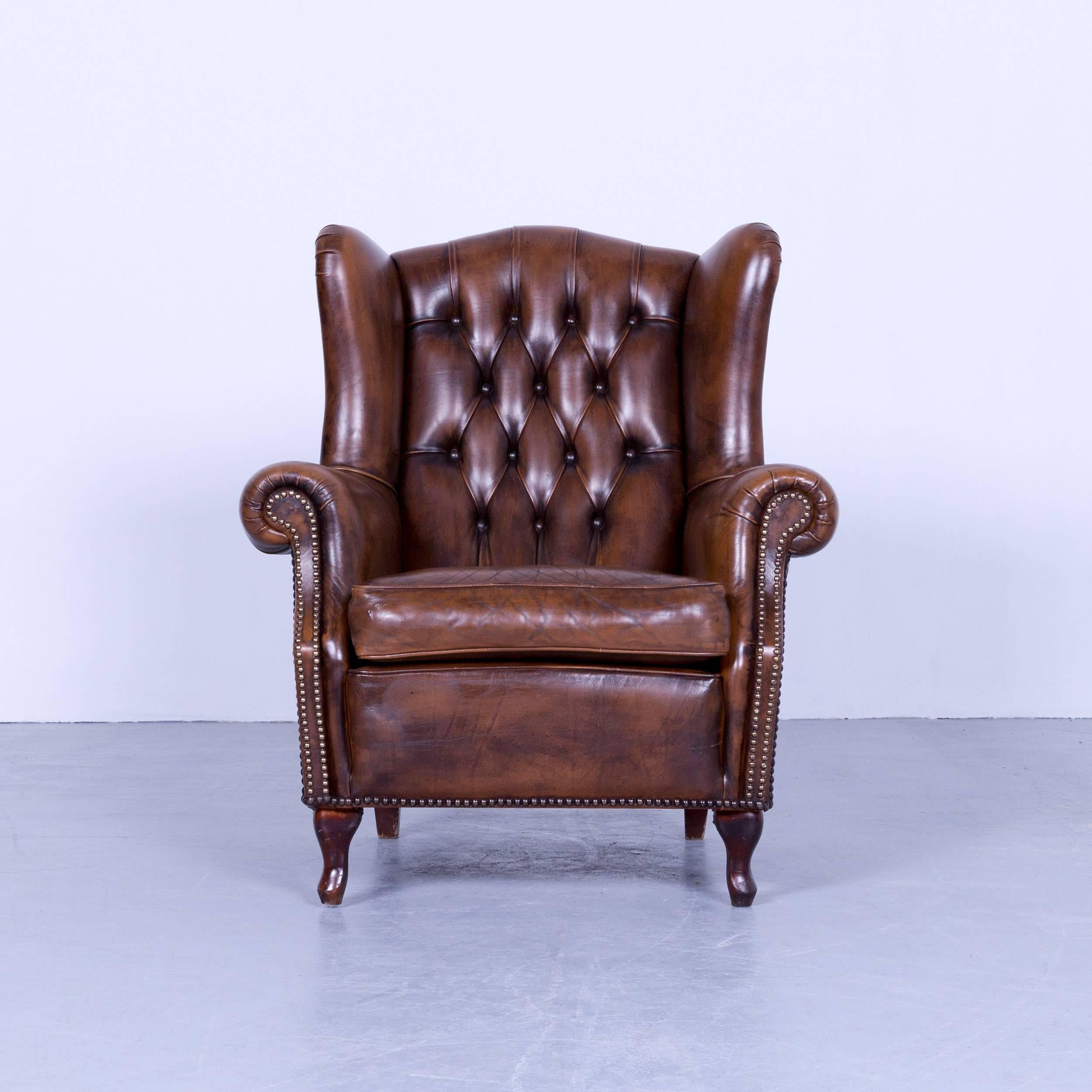 Chesterfield armchair brown cocker leather buttoned vintage retro wood handmade.
