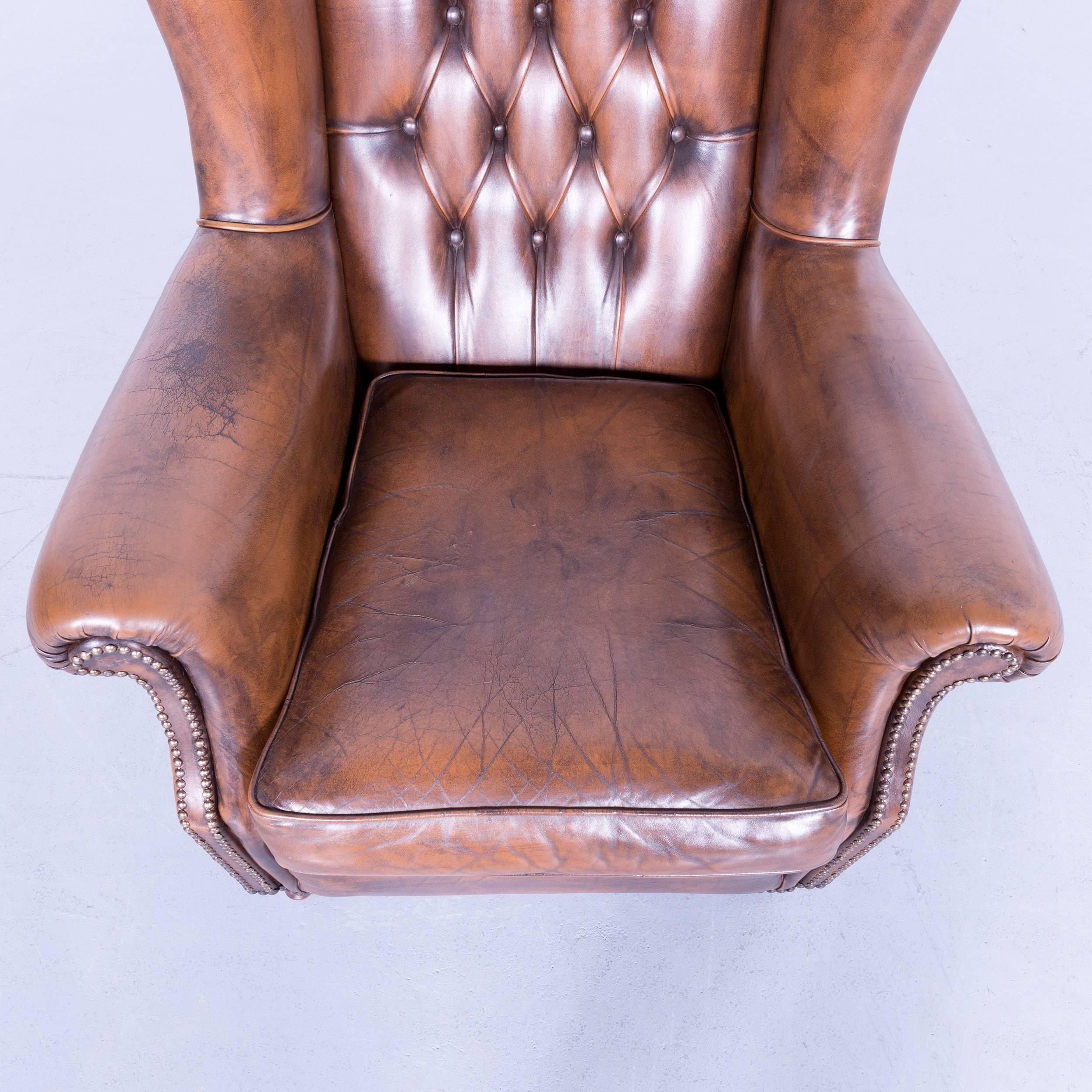 Contemporary Chesterfield Armchair Brown Cocker Leather Buttoned Vintage Retro Wood Handmade For Sale