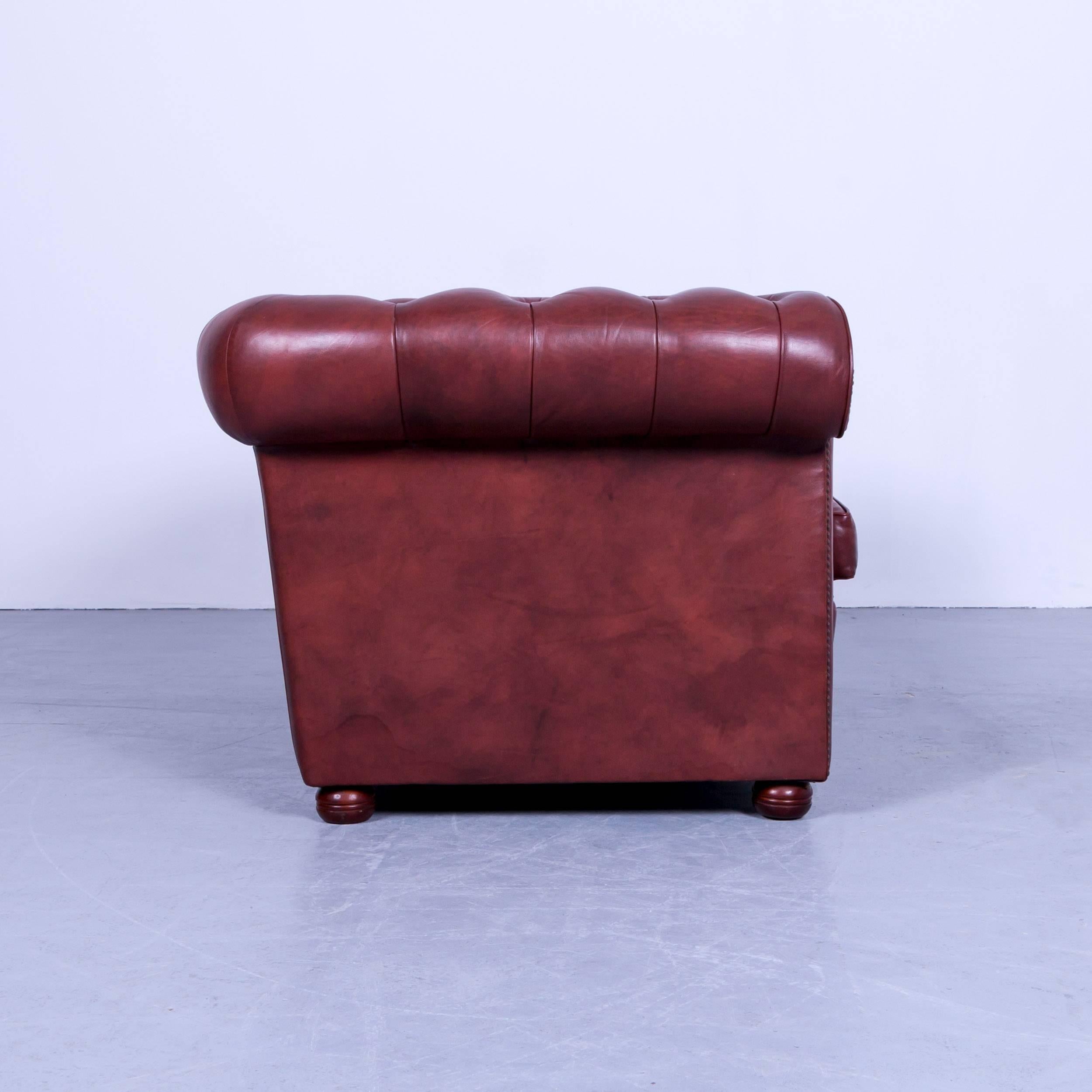 Leather Chesterfield Two-Seat Sofa Red Brown Vintage Retro Handmade Rivets