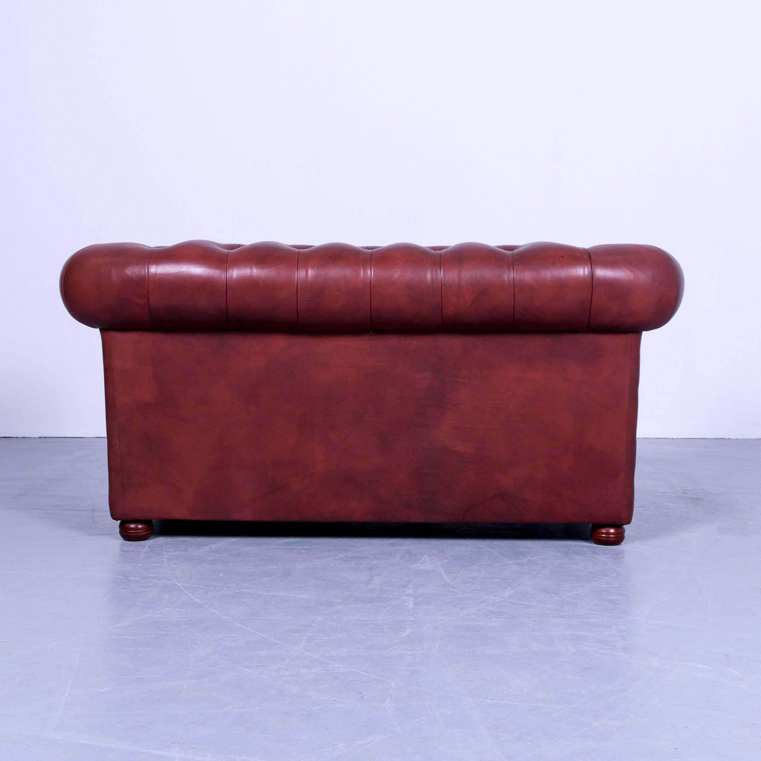 Chesterfield Two-Seat Sofa Red Brown Vintage Retro Handmade Rivets 1