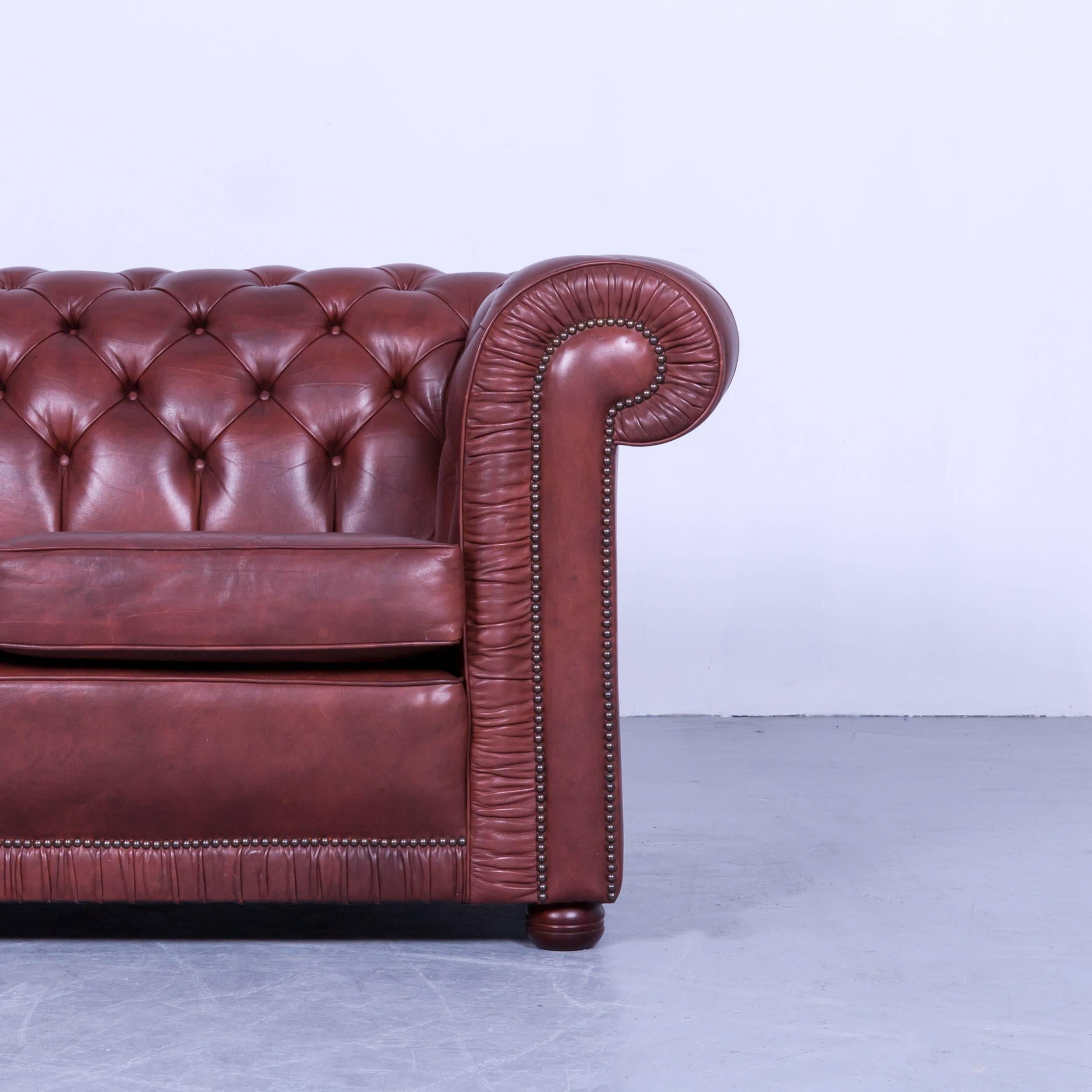 German Chesterfield Two-Seat Sofa Red Brown Vintage Retro Handmade Rivets