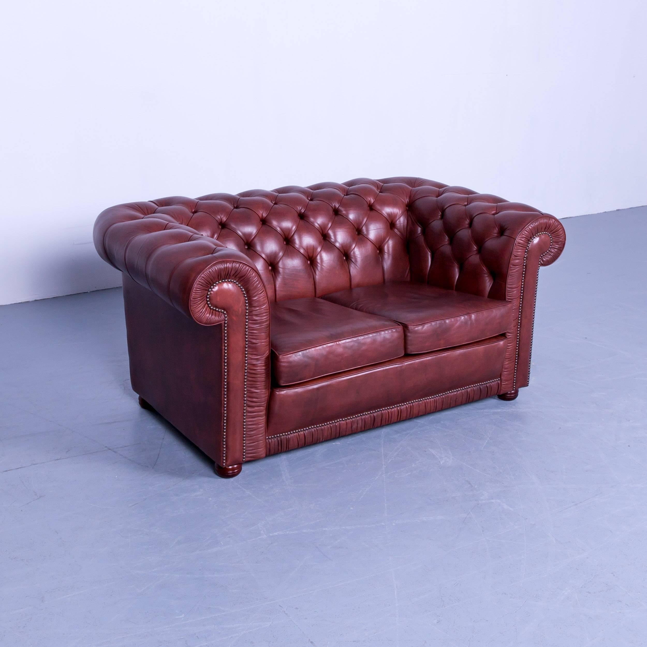 Chesterfield Two-Seat Sofa Red Brown Vintage Retro Handmade Rivets In Good Condition In Cologne, DE