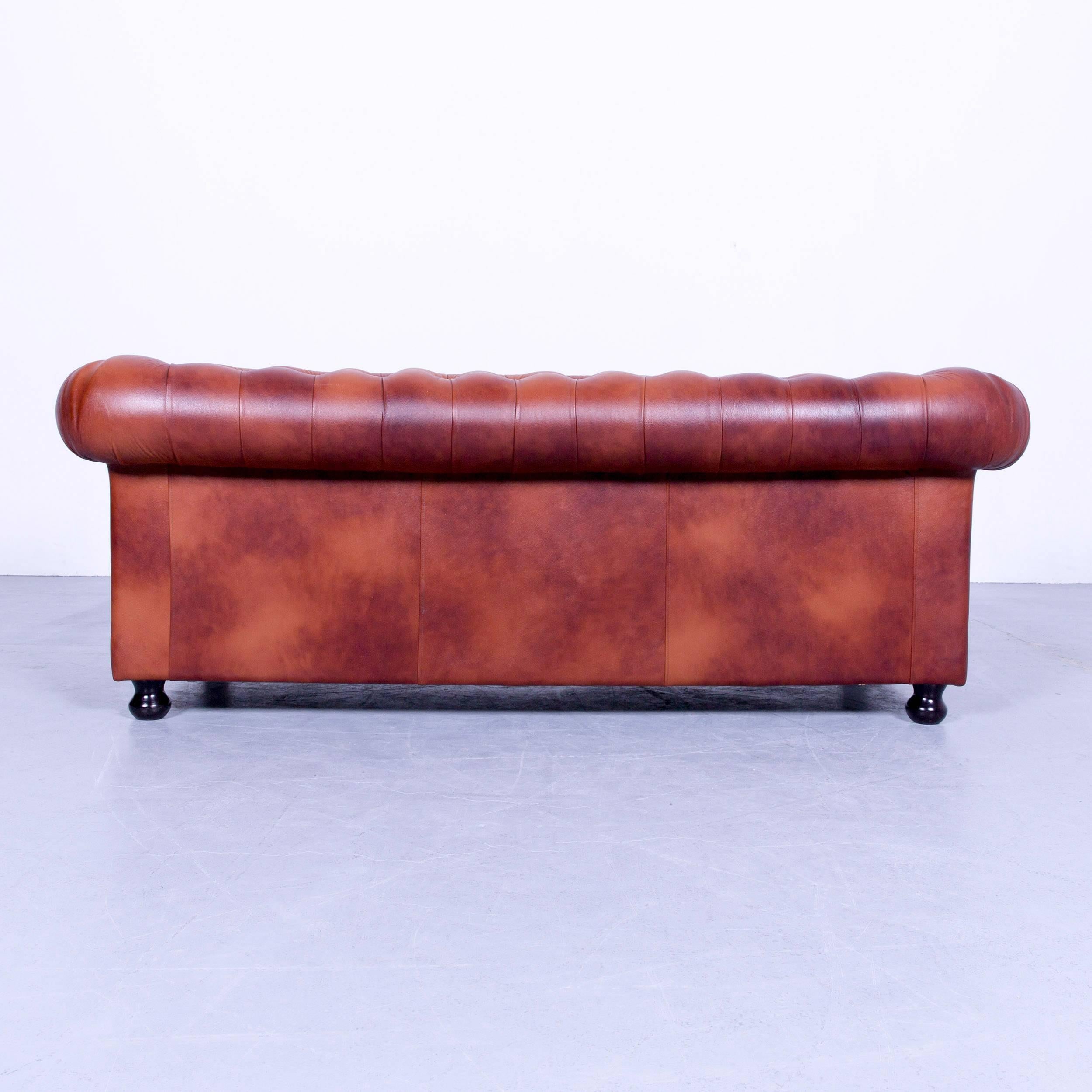 Chesterfield Three-Seat Sofa Brown Orange Cognac Vintage Retro Handmade Rivets 3