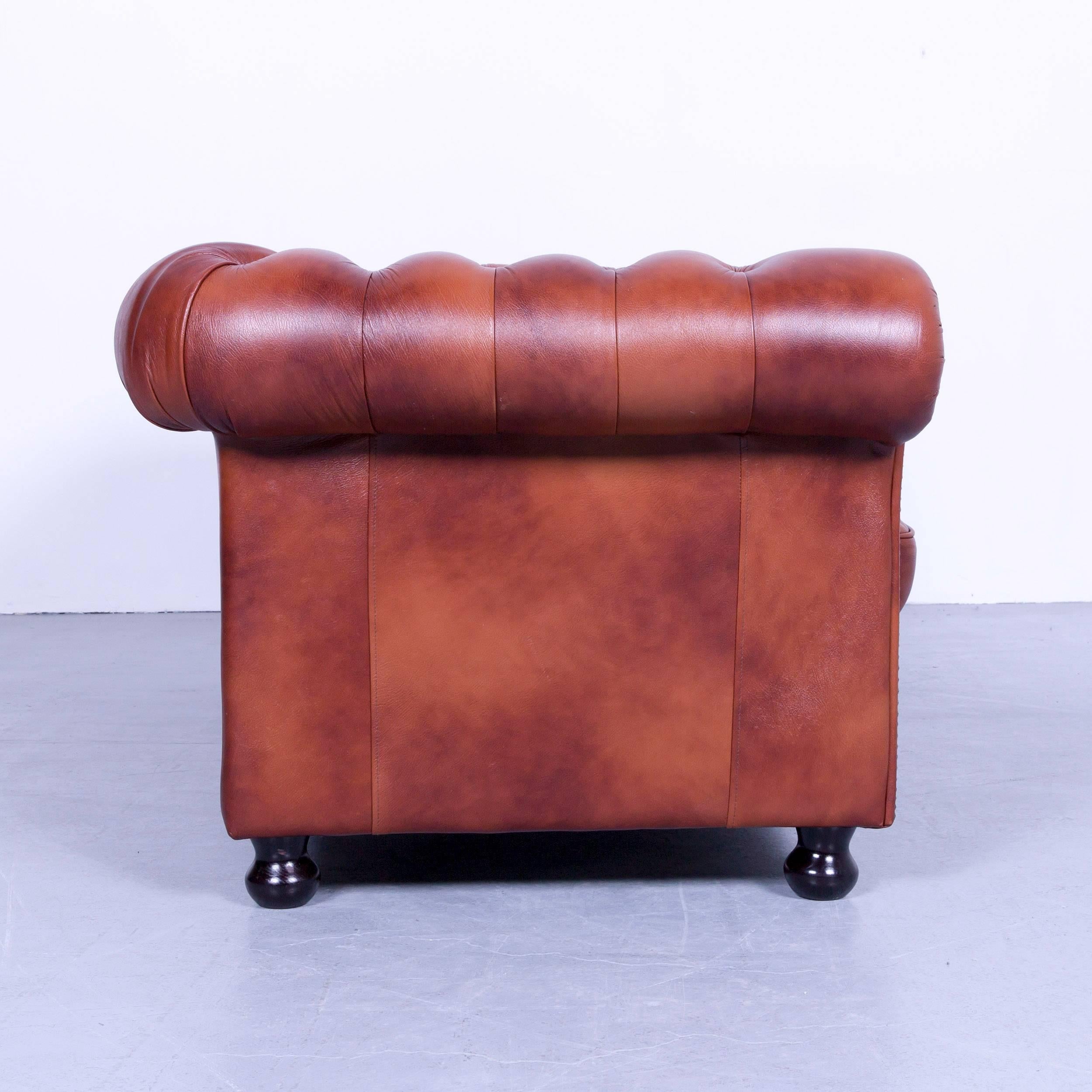 Chesterfield Three-Seat Sofa Brown Orange Cognac Vintage Retro Handmade Rivets 2