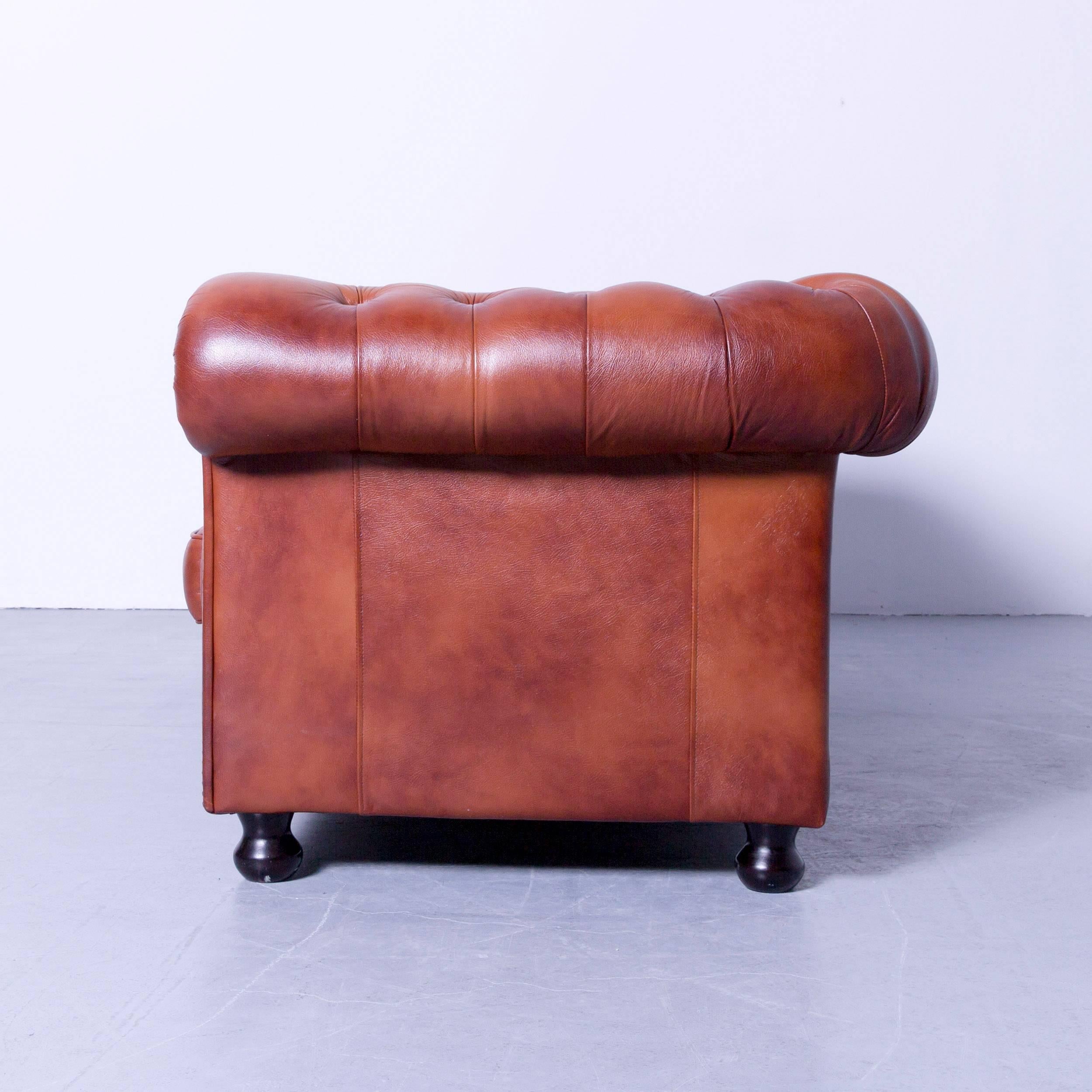 Chesterfield Three-Seat Sofa Brown Orange Cognac Vintage Retro Handmade Rivets 4