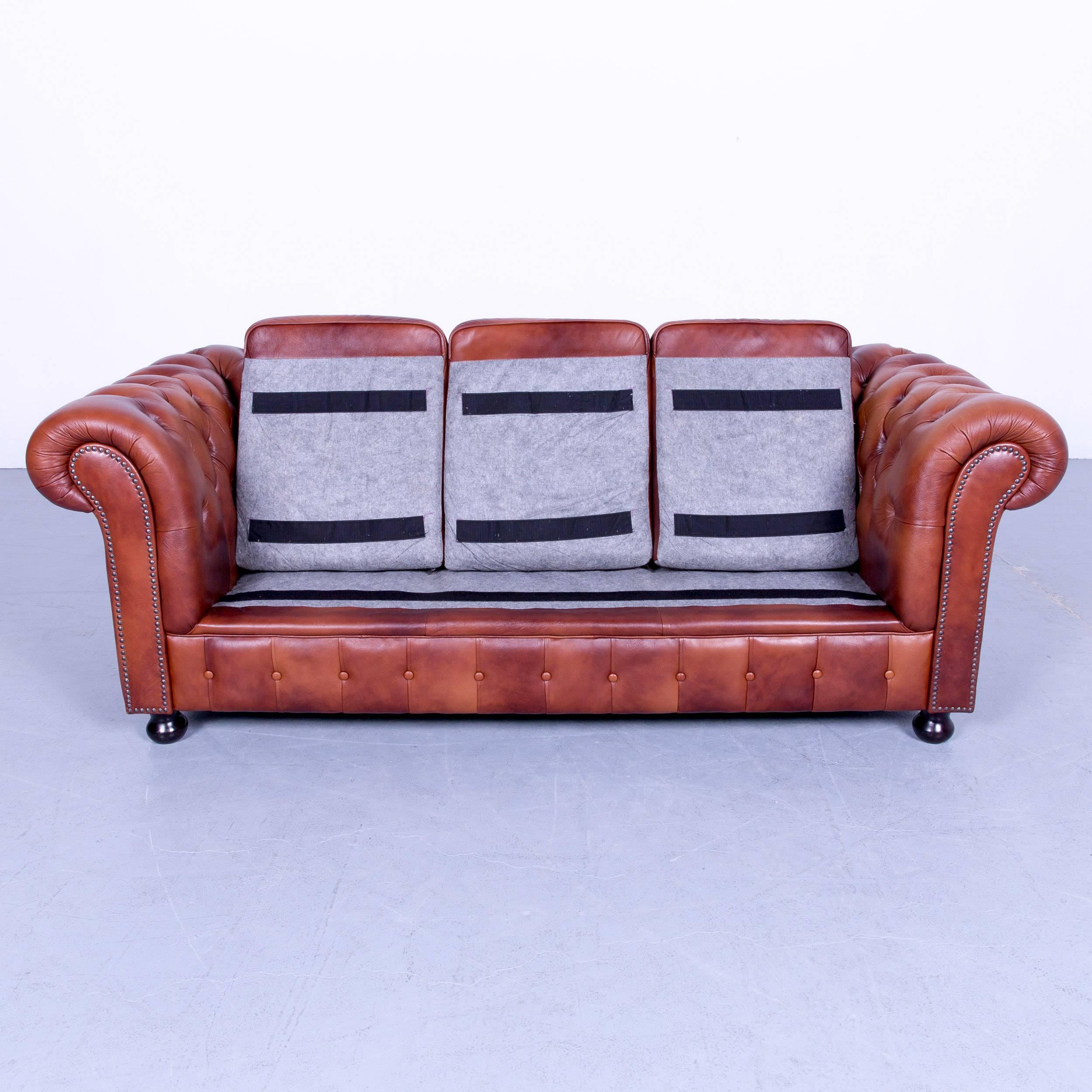 Chesterfield Three-Seat Sofa Brown Orange Cognac Vintage Retro Handmade Rivets 1