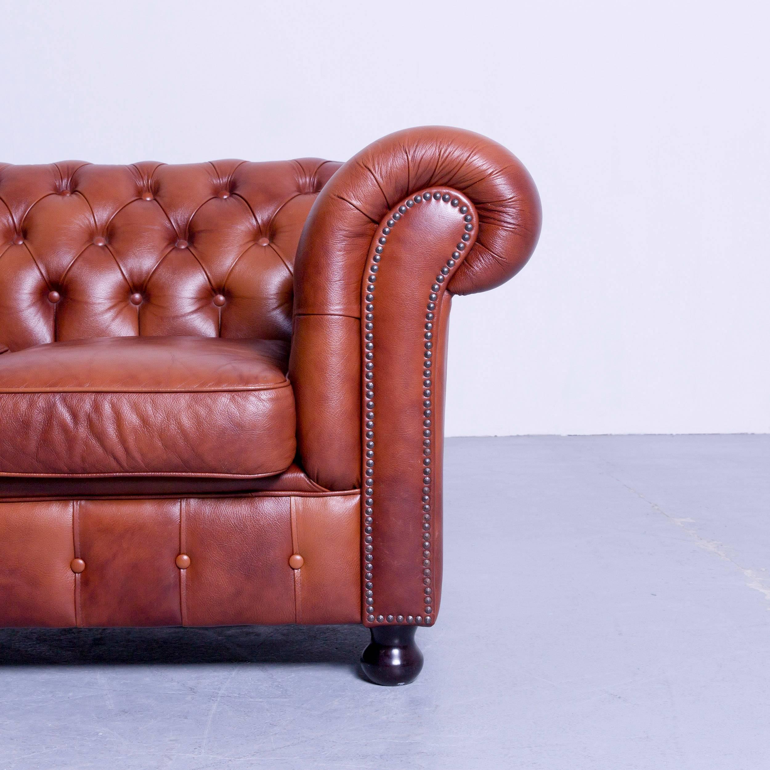 German Chesterfield Three-Seat Sofa Brown Orange Cognac Vintage Retro Handmade Rivets