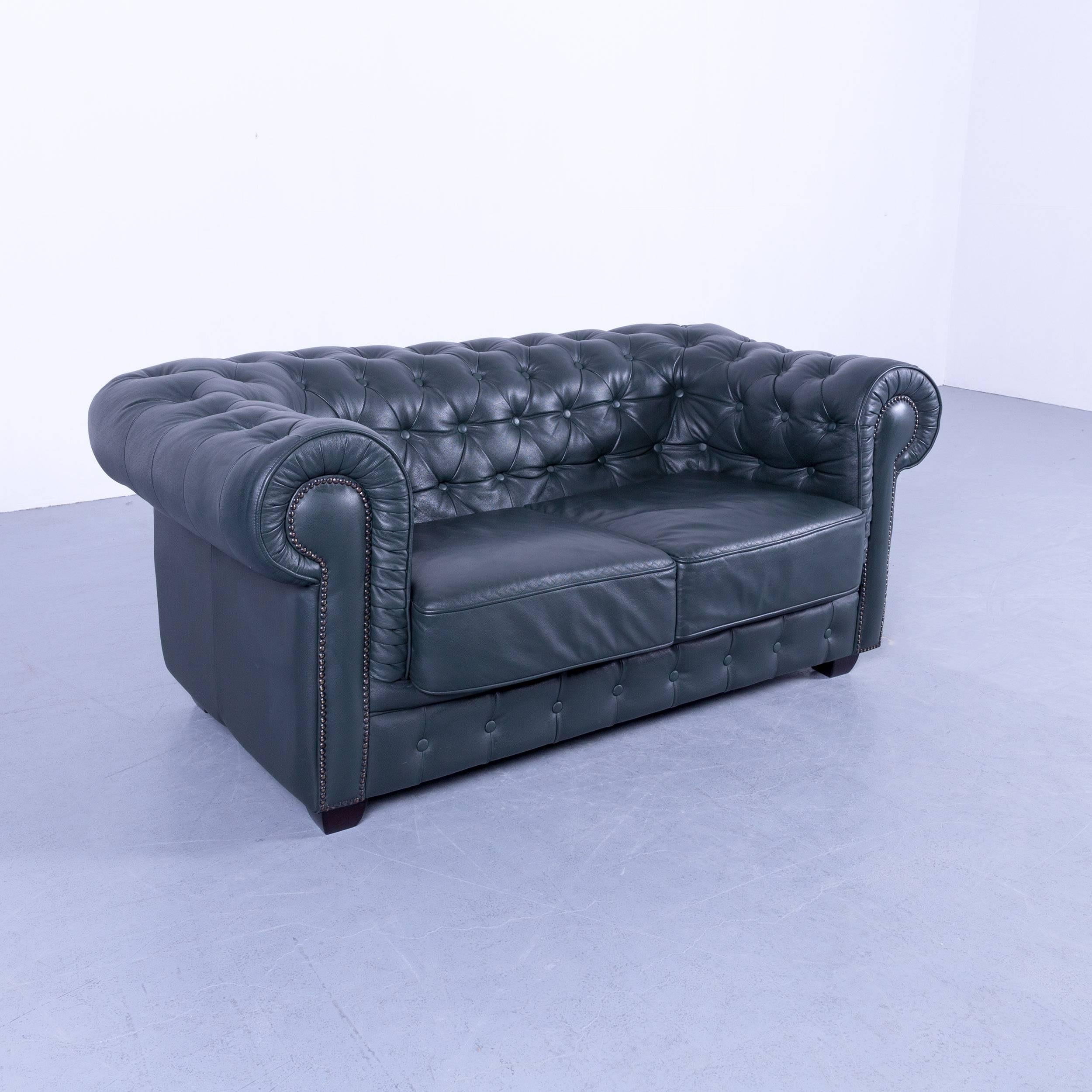 British Chesterfield Sofa Dark Green Two-Seat Vintage Retro Couch Rivets UK