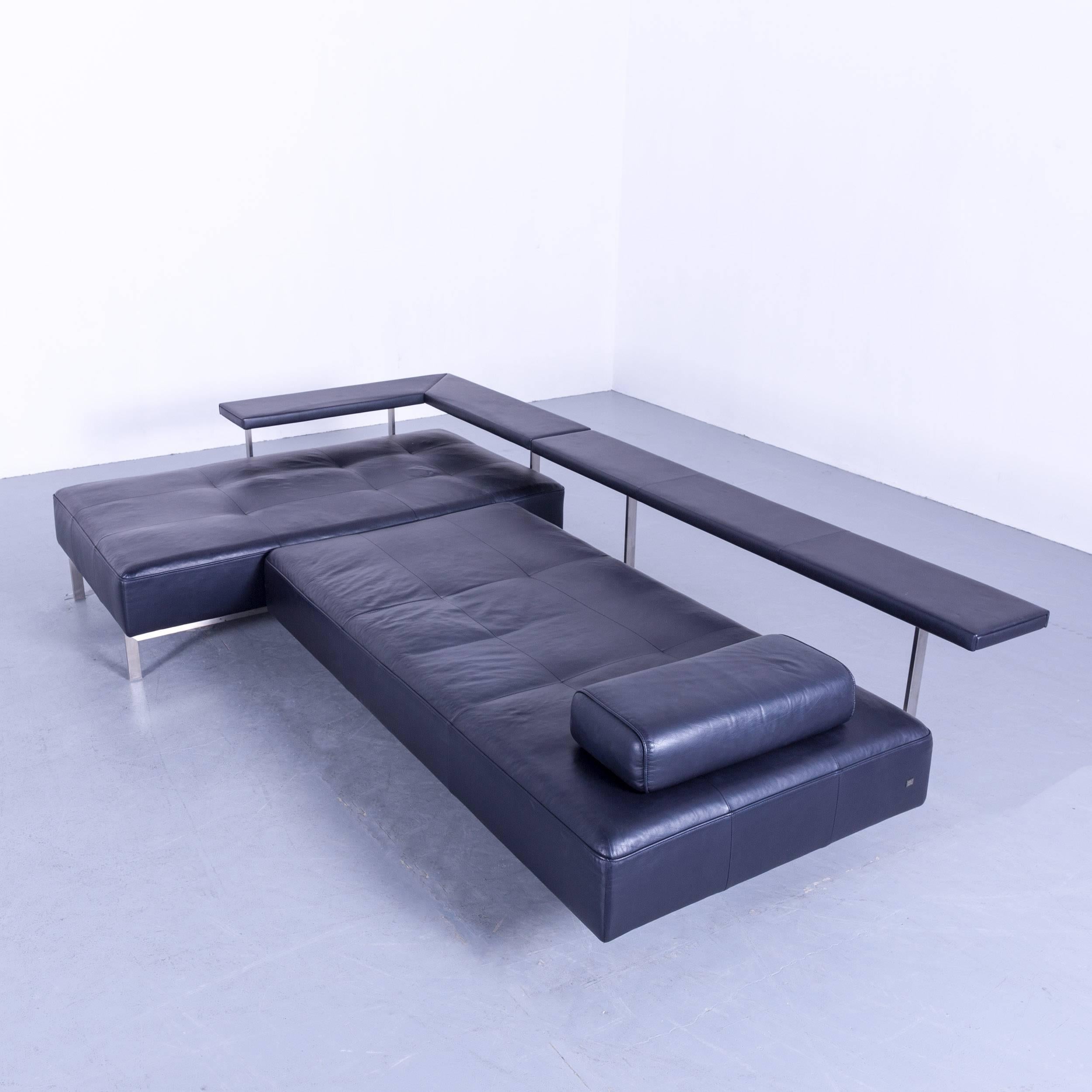 Rolf Benz Dono Designer Corner Sofa Leather Navy Blue Dark Blue Sleeping Couch In Good Condition In Cologne, DE