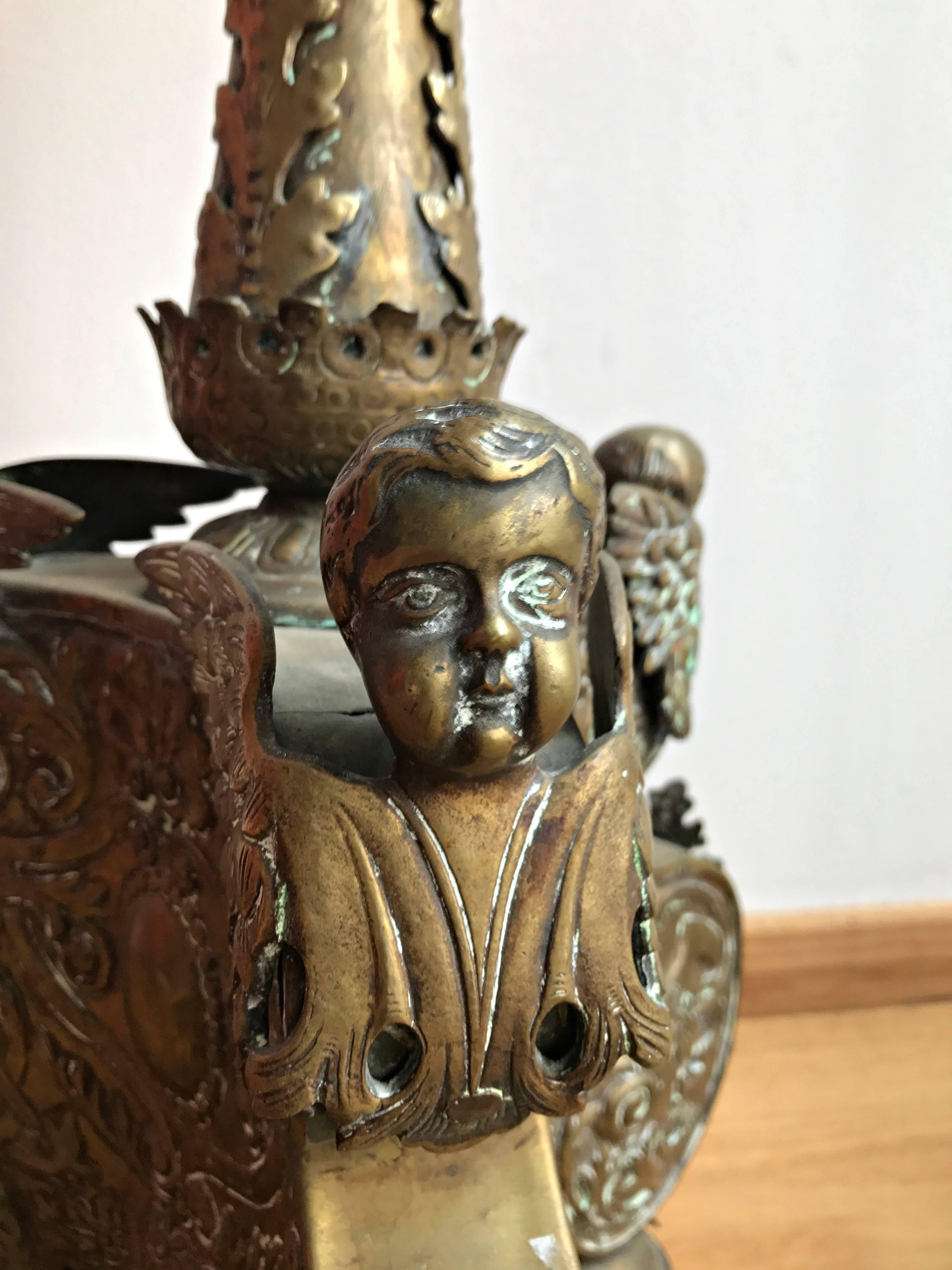 Baroque Great 18th Century Candlestick with Angel Heads For Sale