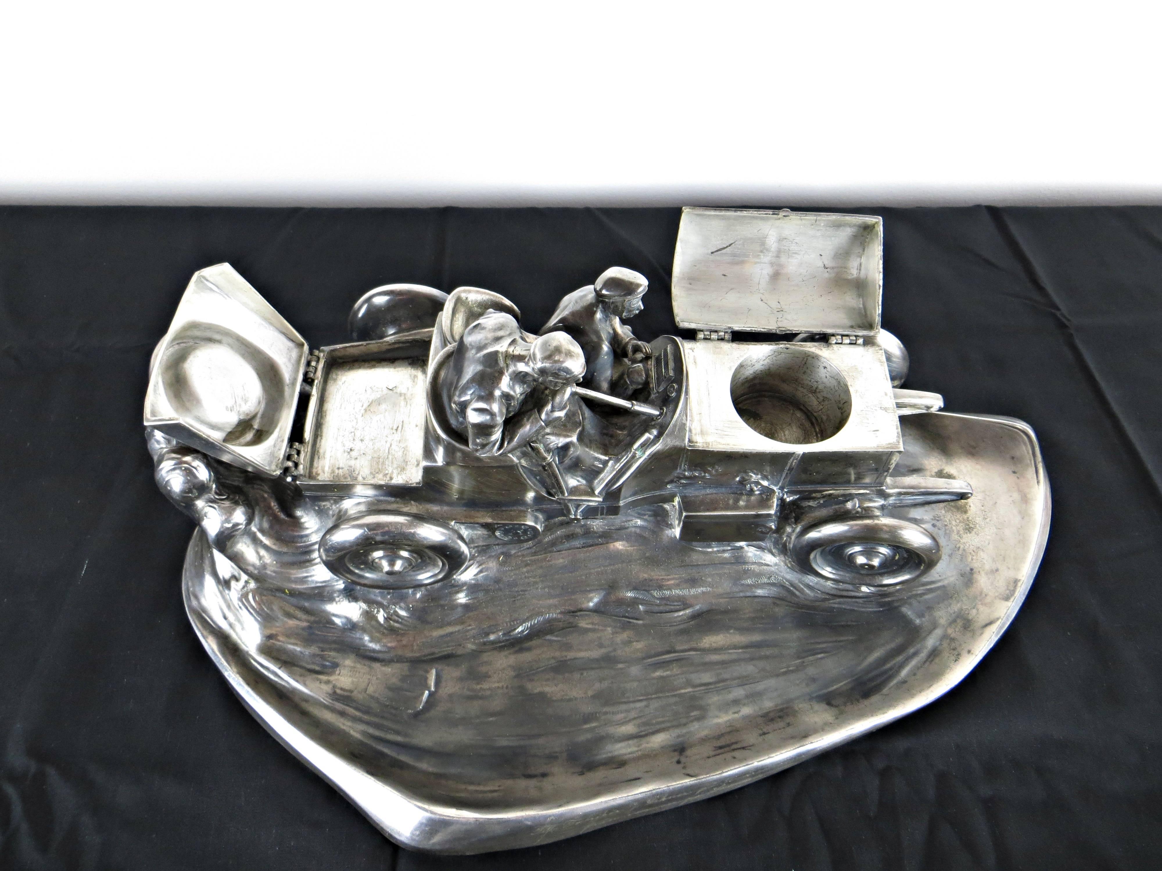 Plated Rare Racing Car Desk Piece by WMF, Germany, 1914