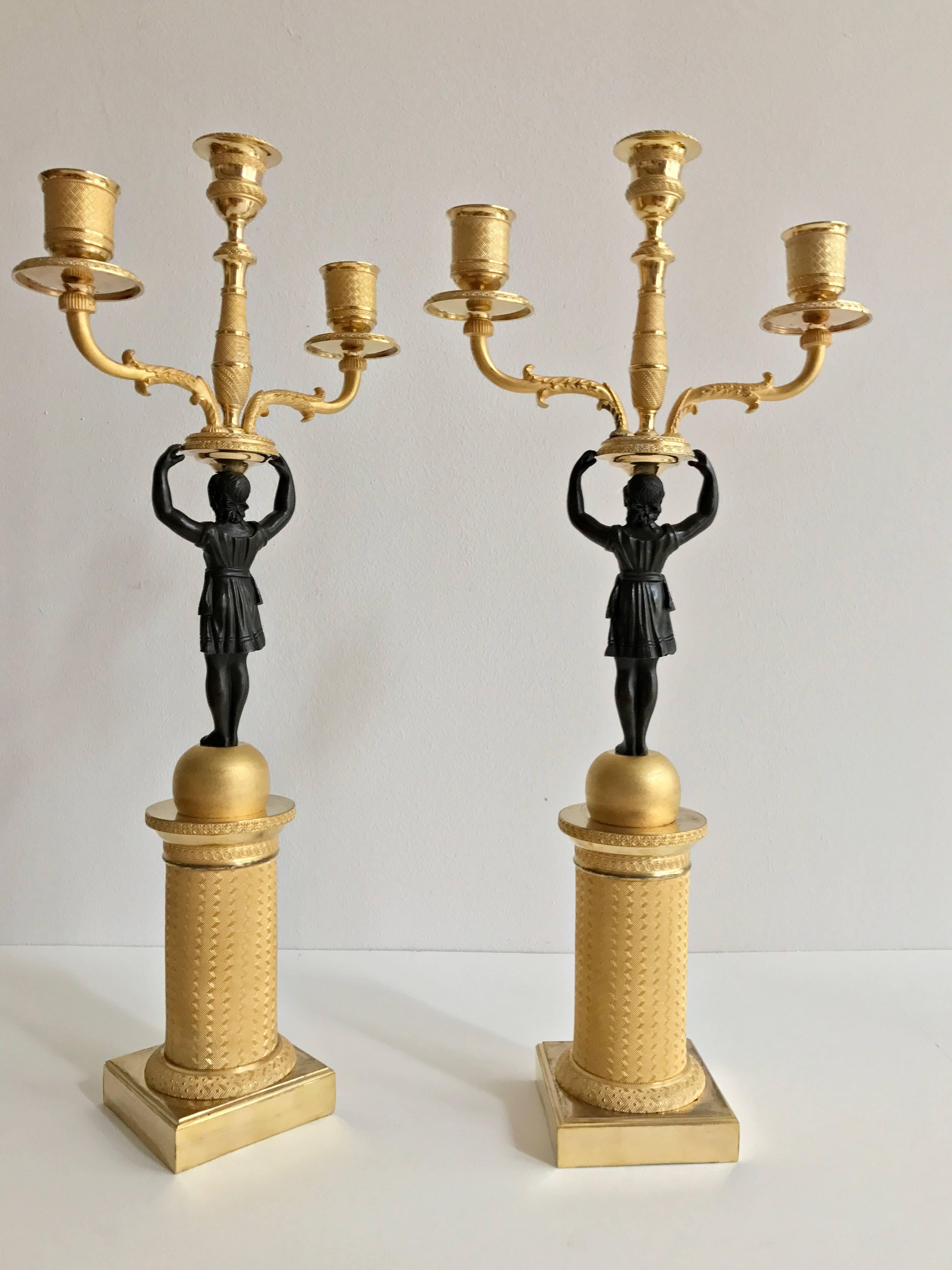 Rare Pair of Empire Ormolu and Painted Candlesticks In Excellent Condition For Sale In Eltville, DE