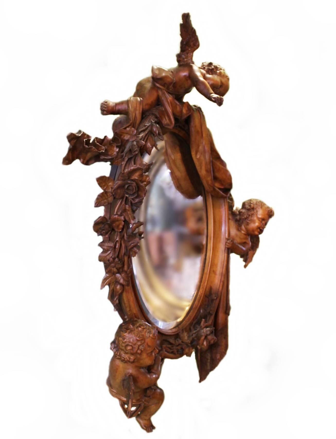 Carved Late 19th Century Italian Ornamental Walnut Baroque Mirror For Sale