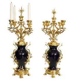 Pair of Art Nouveau Candelabra Blue Porcelain and Gilded Brass