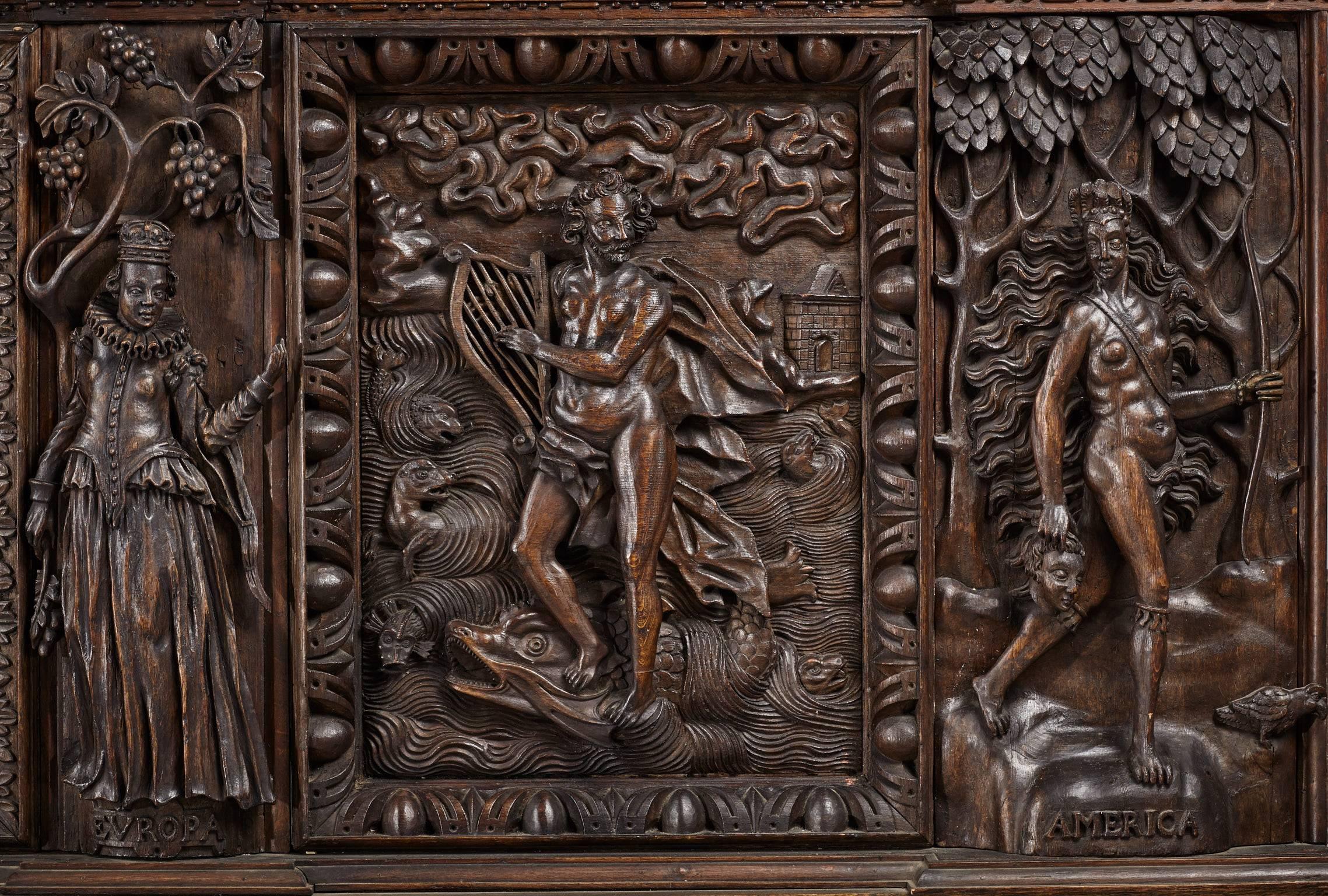 Carved James I Oak Overmantel For Sale