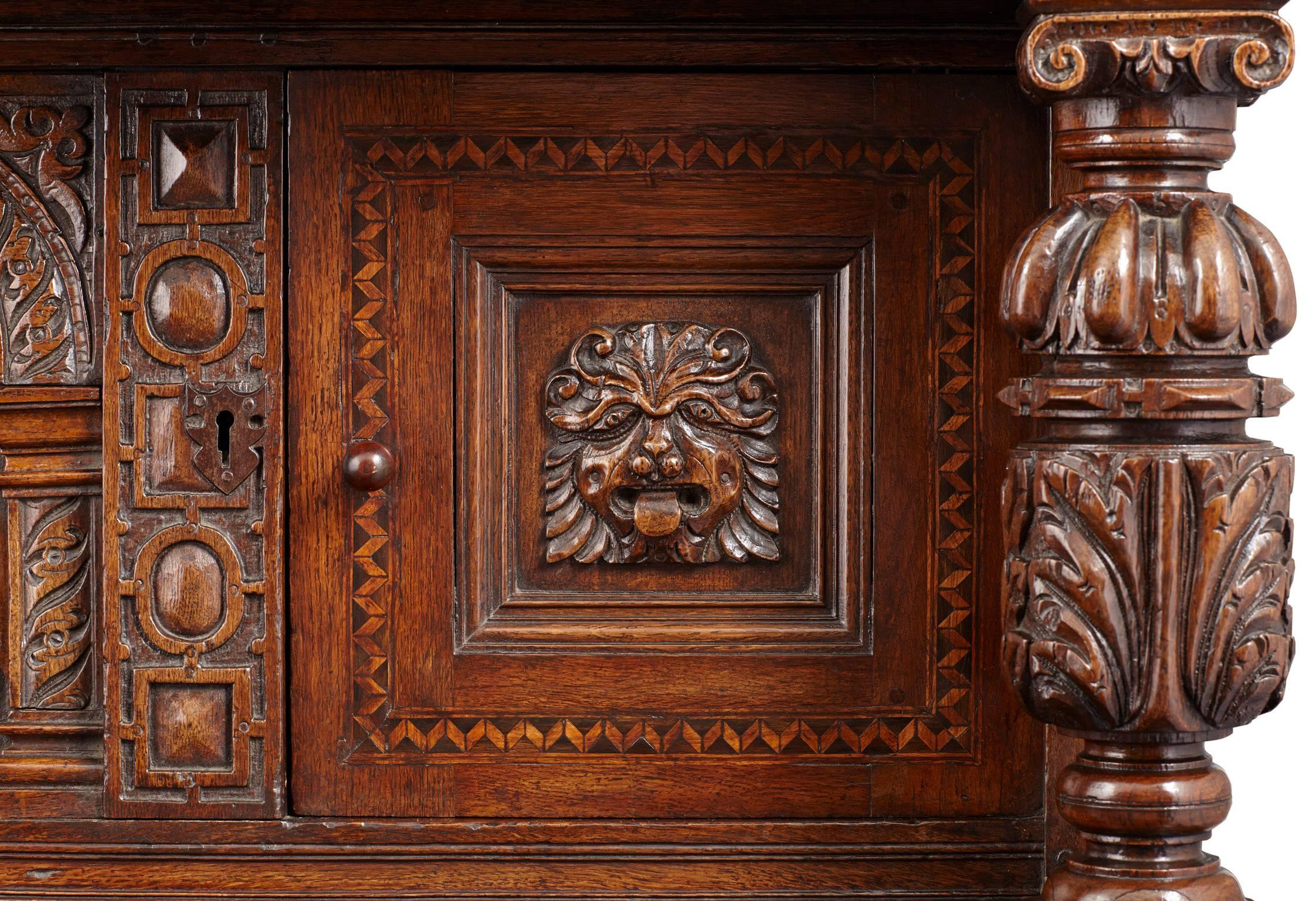 Elizabethan Oak and Inlaid Court Cupboard For Sale 1