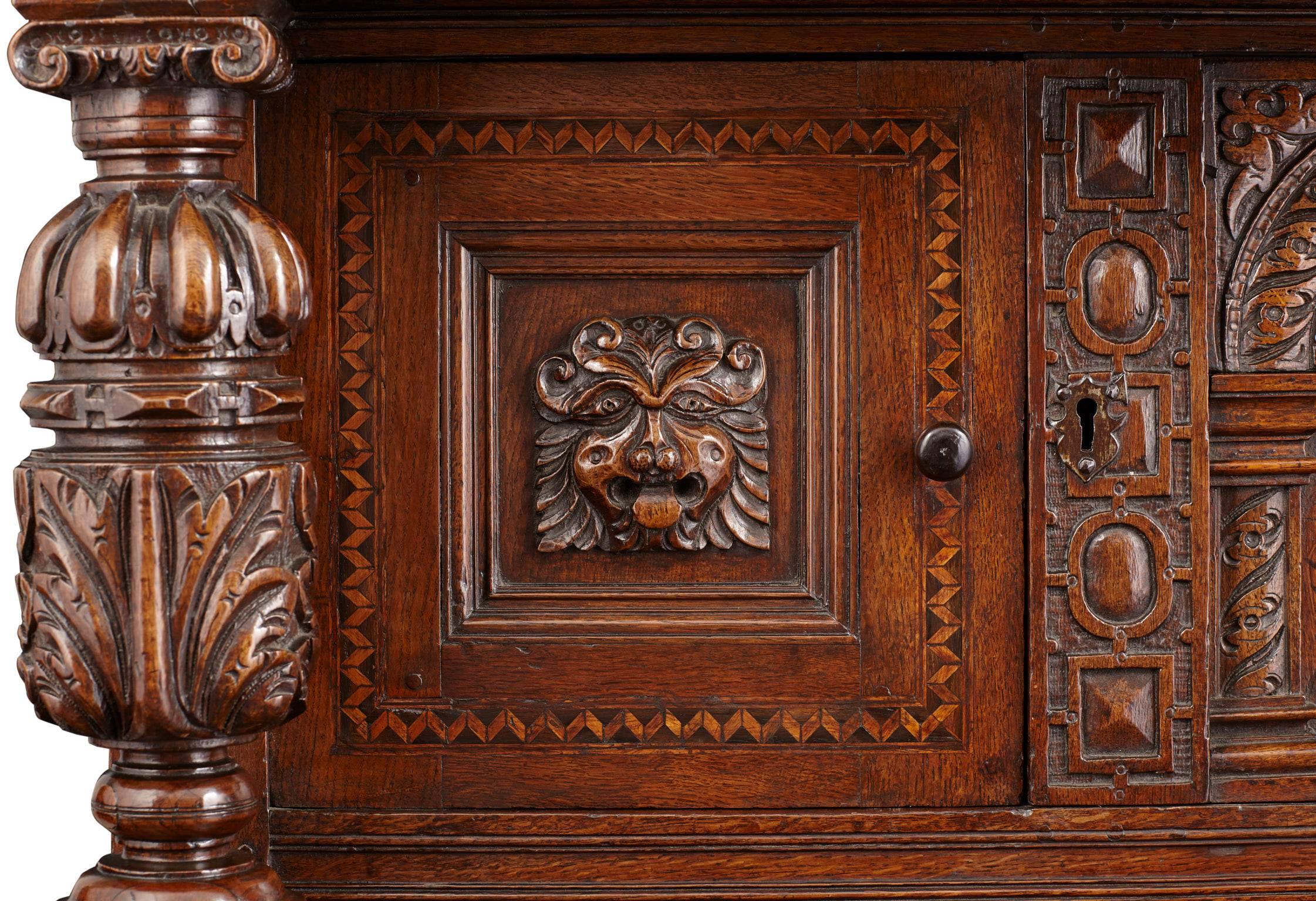Great Britain (UK) Elizabethan Oak and Inlaid Court Cupboard For Sale