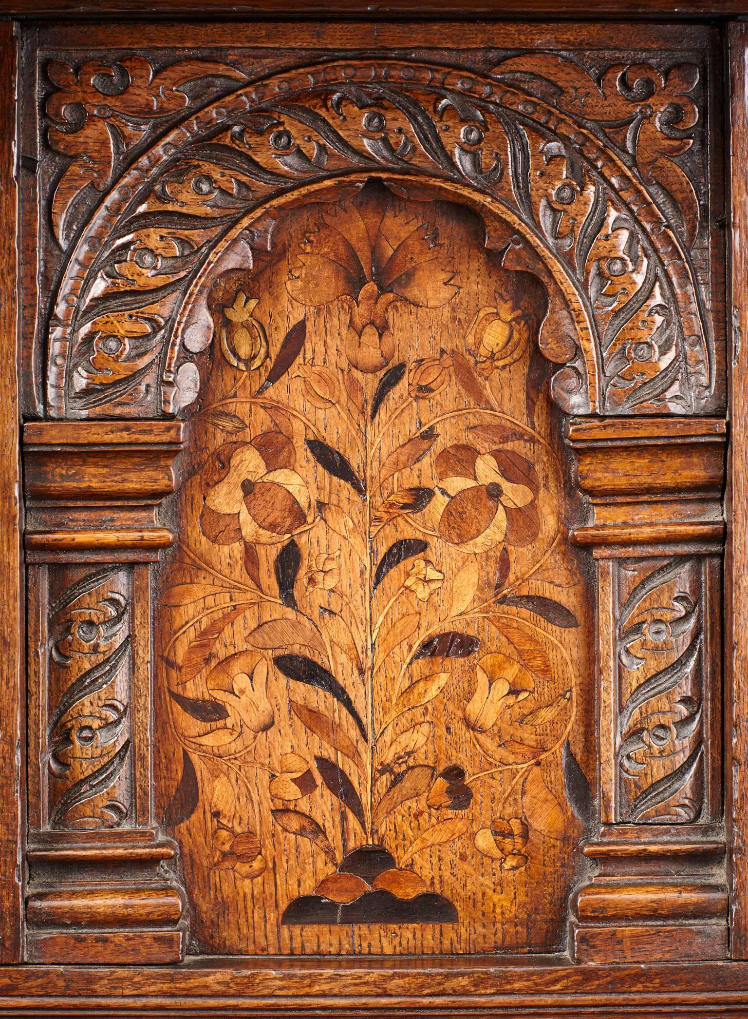 18th Century and Earlier Elizabethan Oak and Inlaid Court Cupboard For Sale