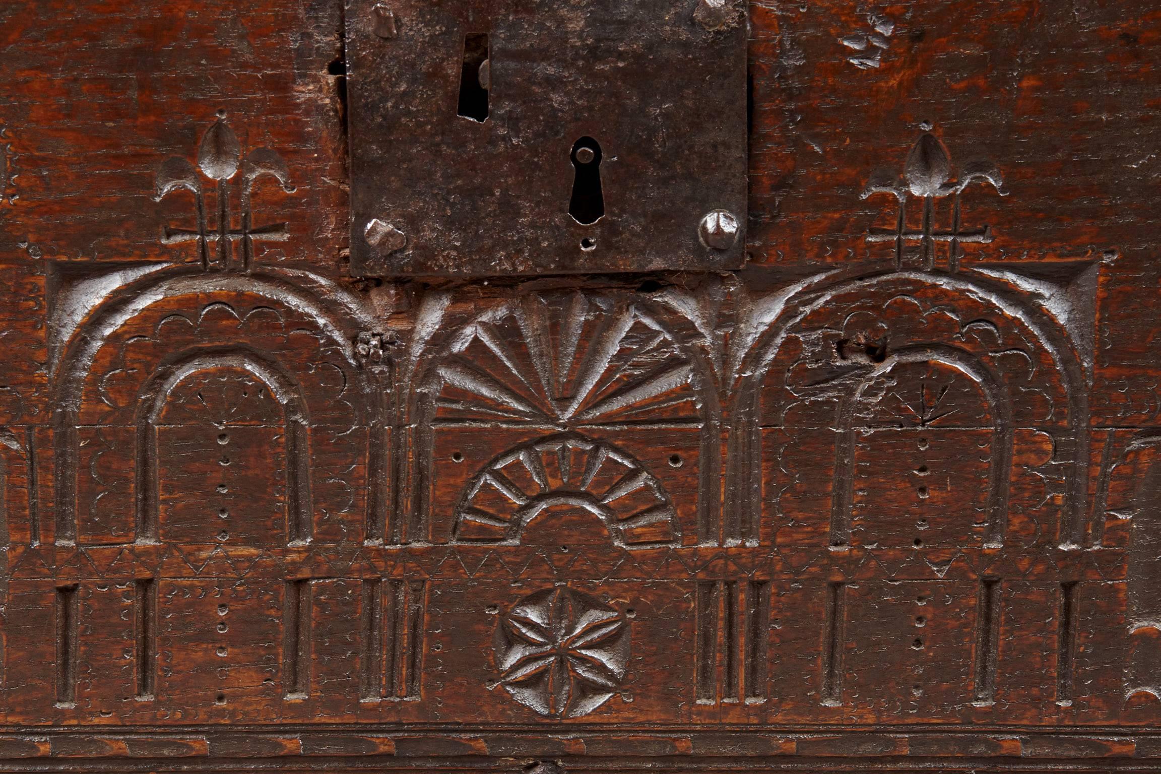 Carved Elizabethan Oak Boarded Plank Chest For Sale