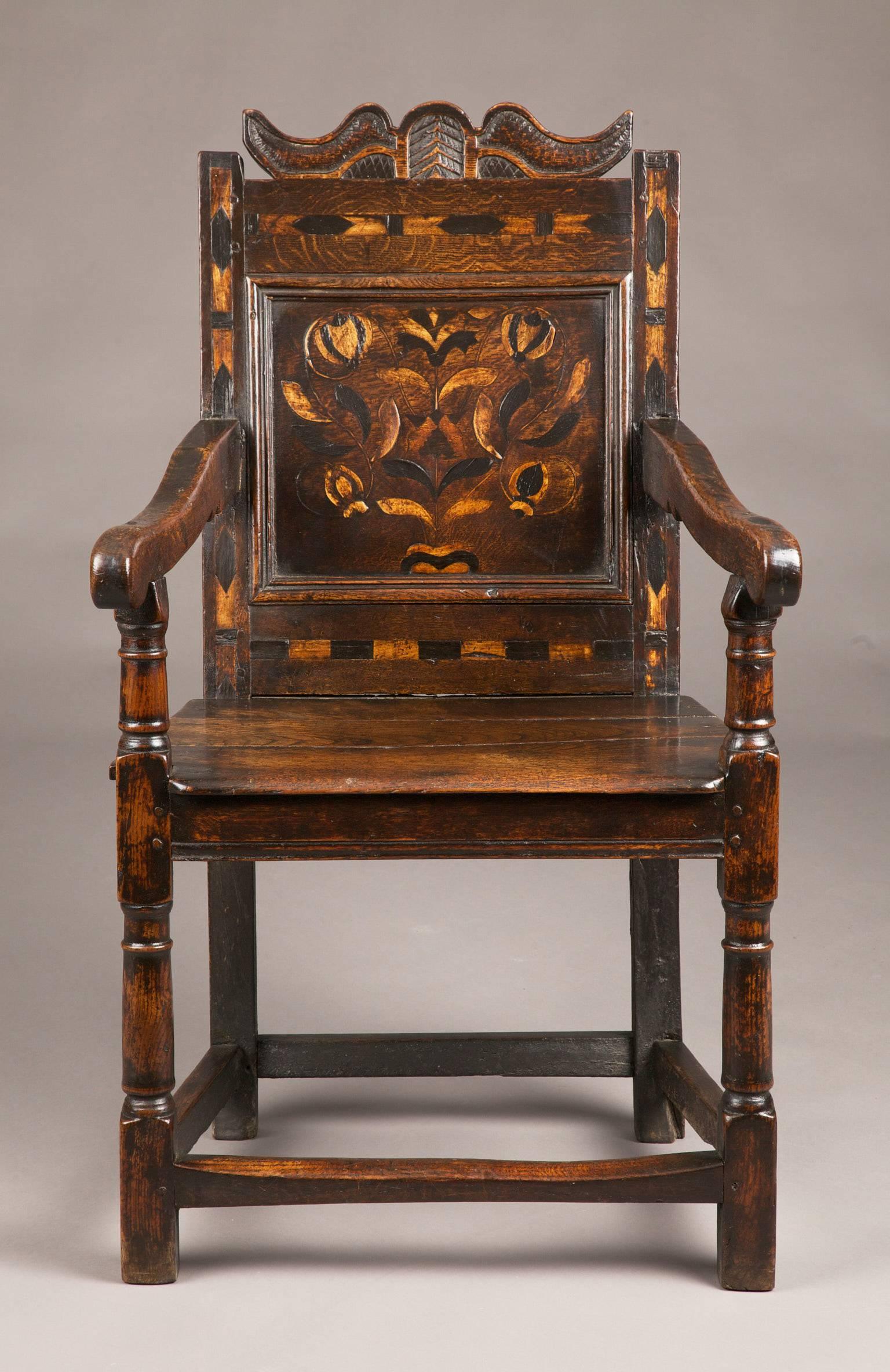 Jacobean Inlaid Gloucestershire Mid 17th Century Oak Armchair For Sale