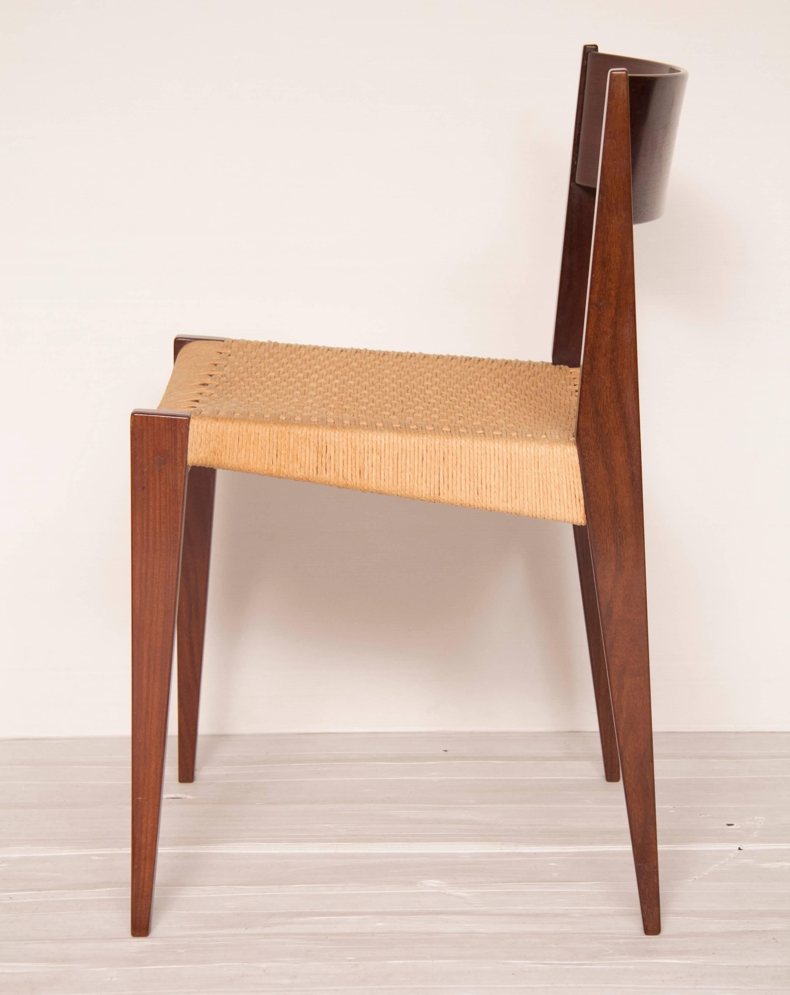 Danish Set of Four Teak and Papercord Pia Dining Chairs by Poul Cadovius