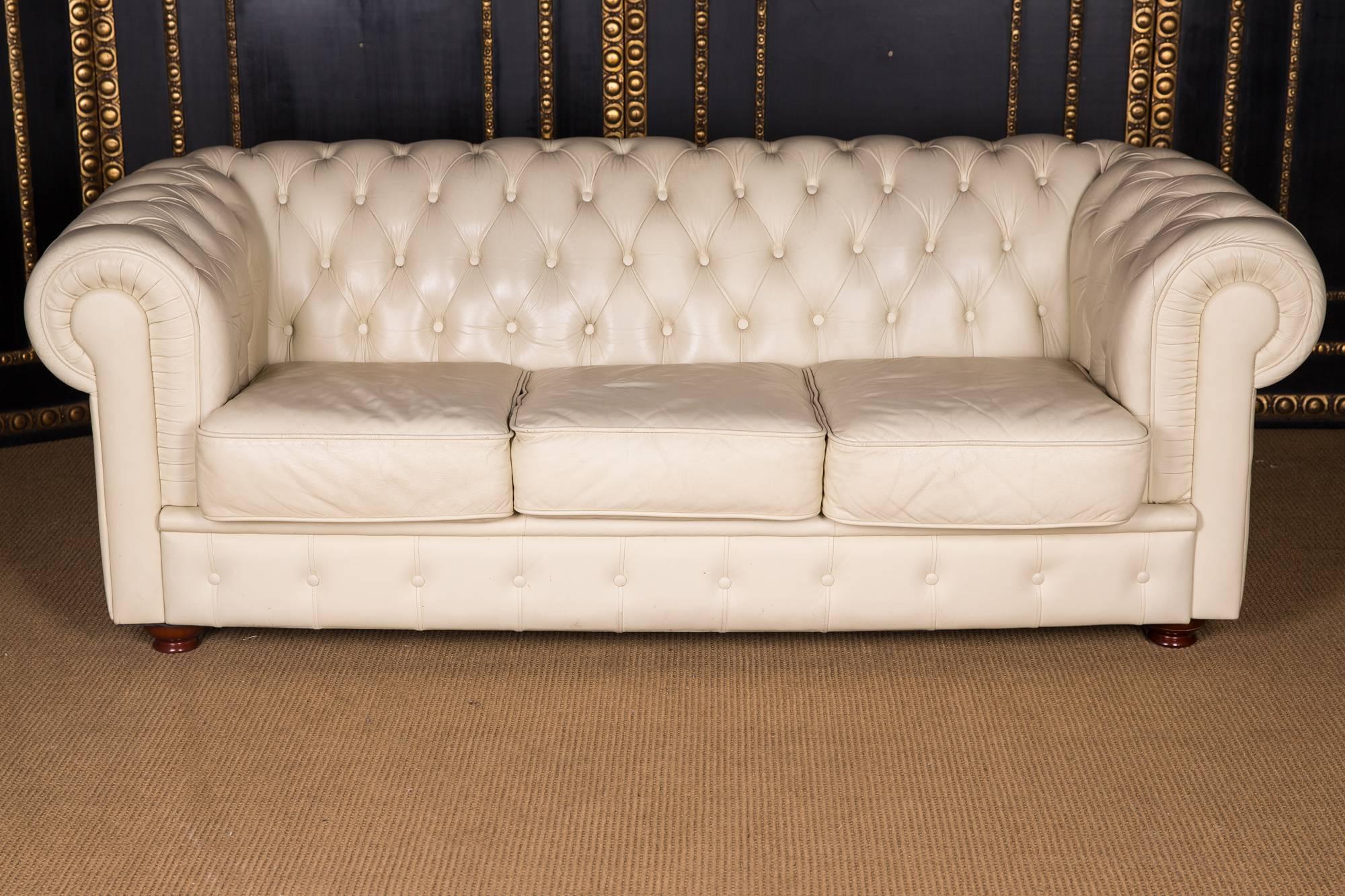 The Chesterfield sofa is covered with real, finest leather. The leather is of best quality, very easy to maintain and durable in use. At the same time, it is very gentle and smooth.

A rarity in this absolute top quality.

The color is simply
