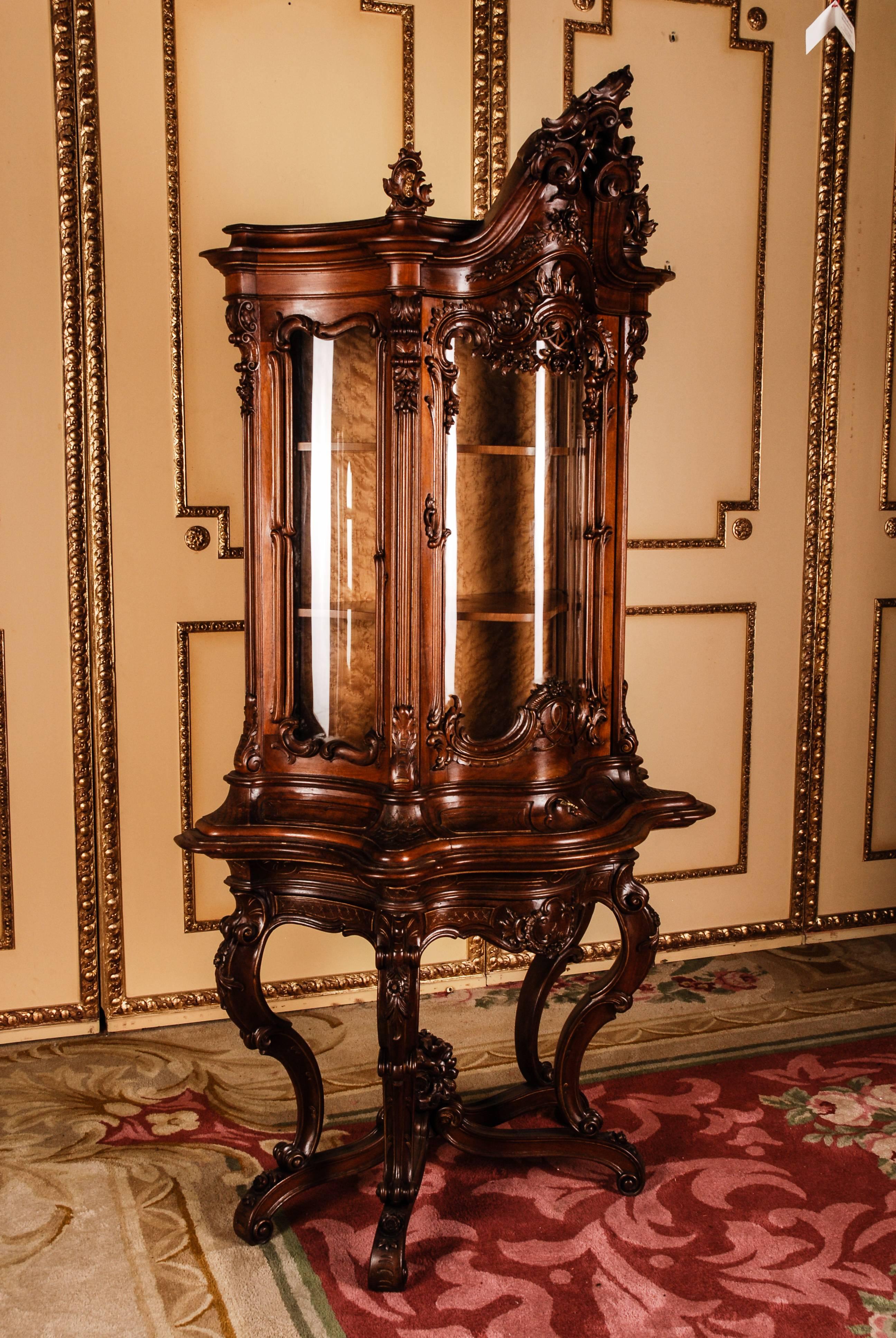 Hand-Carved 19th Century Frederickian Rococo Showcase Massive Walnut Wood with Warm Patina