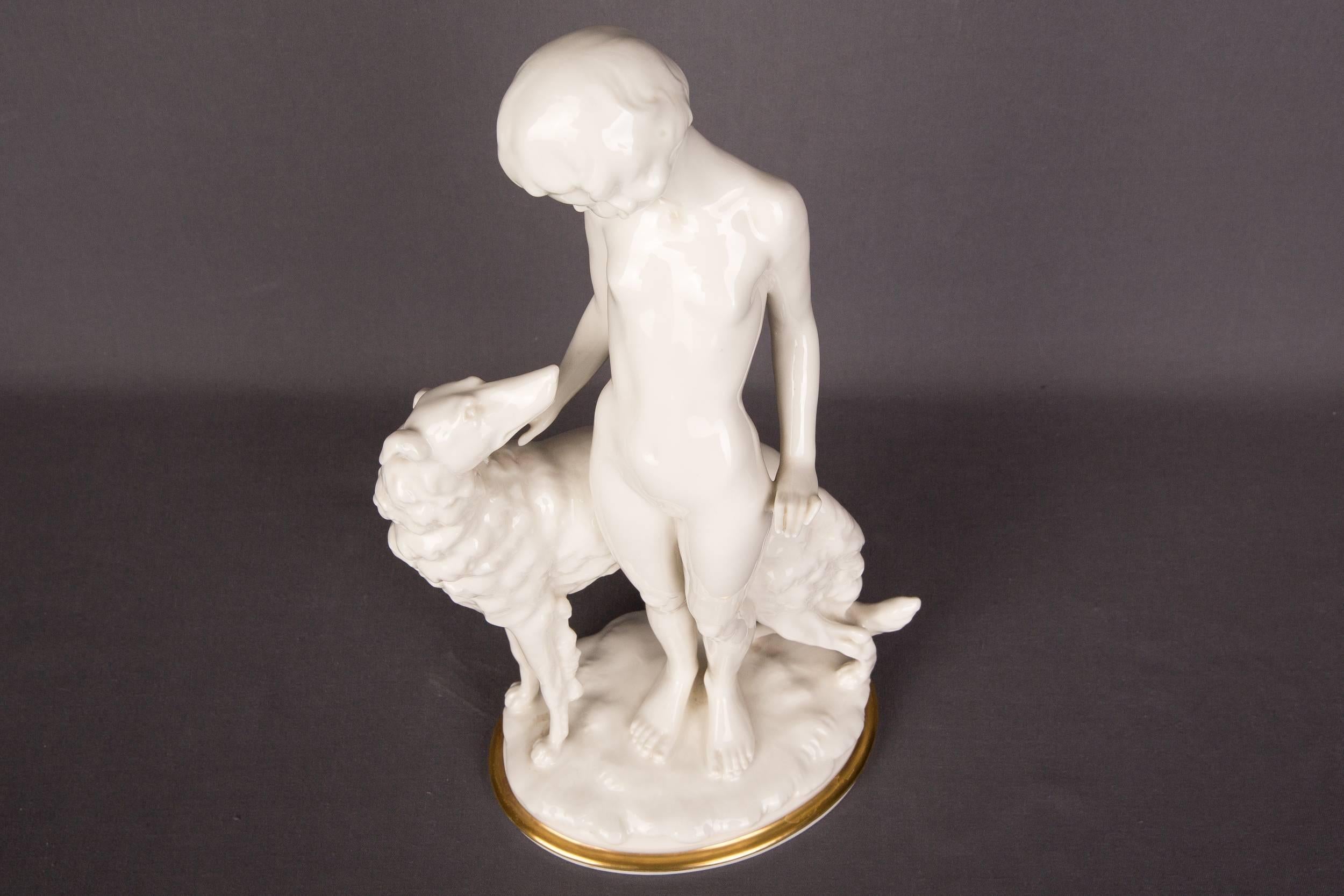 Große Hutschenreuther-Figur, Borzoi-Mädchen mit Windhund, Porzellan (Deutsch)