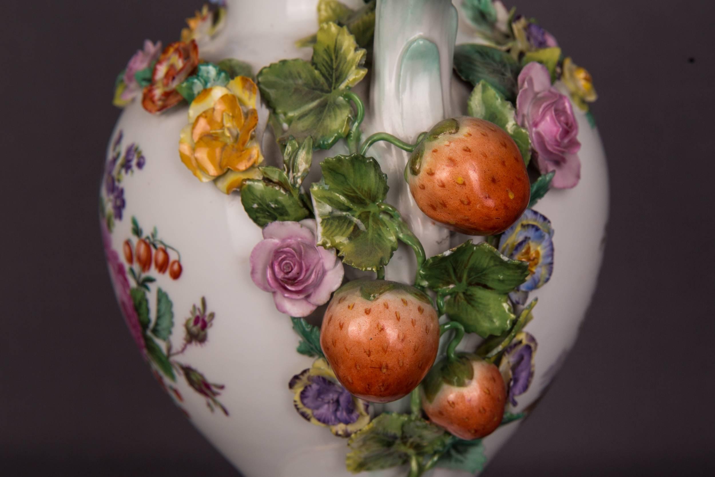 German Big Meissen Porcelain Vase Watteau Scene with Fruits and Flowers Paintings