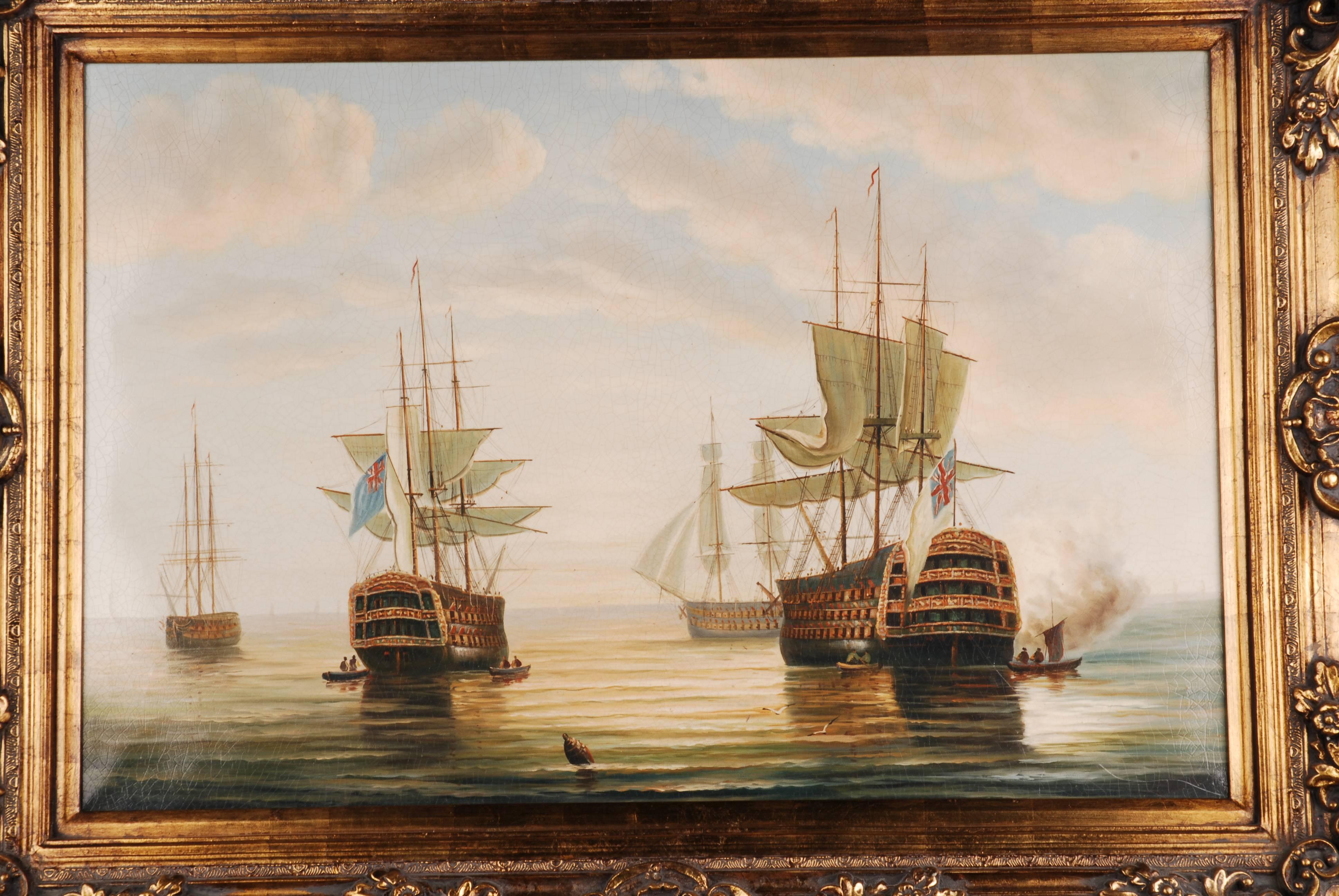English battleships in coastal waters. Atmospherically densely painted seascape. This painting captivates by its influence of the Romanticism with a direct nature view. The most carefully executed coastal motif, shown here, is an exemplary example