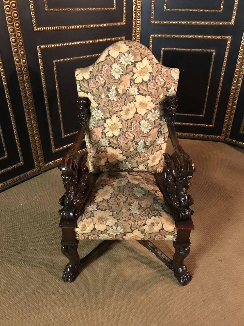 2 Figural Neo Renaissance Armchairs.
From former castle possession. Solid oak. Finished on four curving, carved legs in lion-heads. Complete with rich carvings, flanked by two full-carved armrests in the form of chimera. Seat and back upholstered