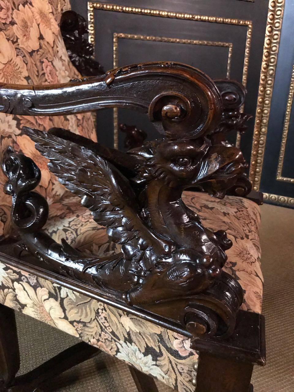Hand-Carved 2  Figural Neo-Renaissance Armchairs, circa 1850-1870