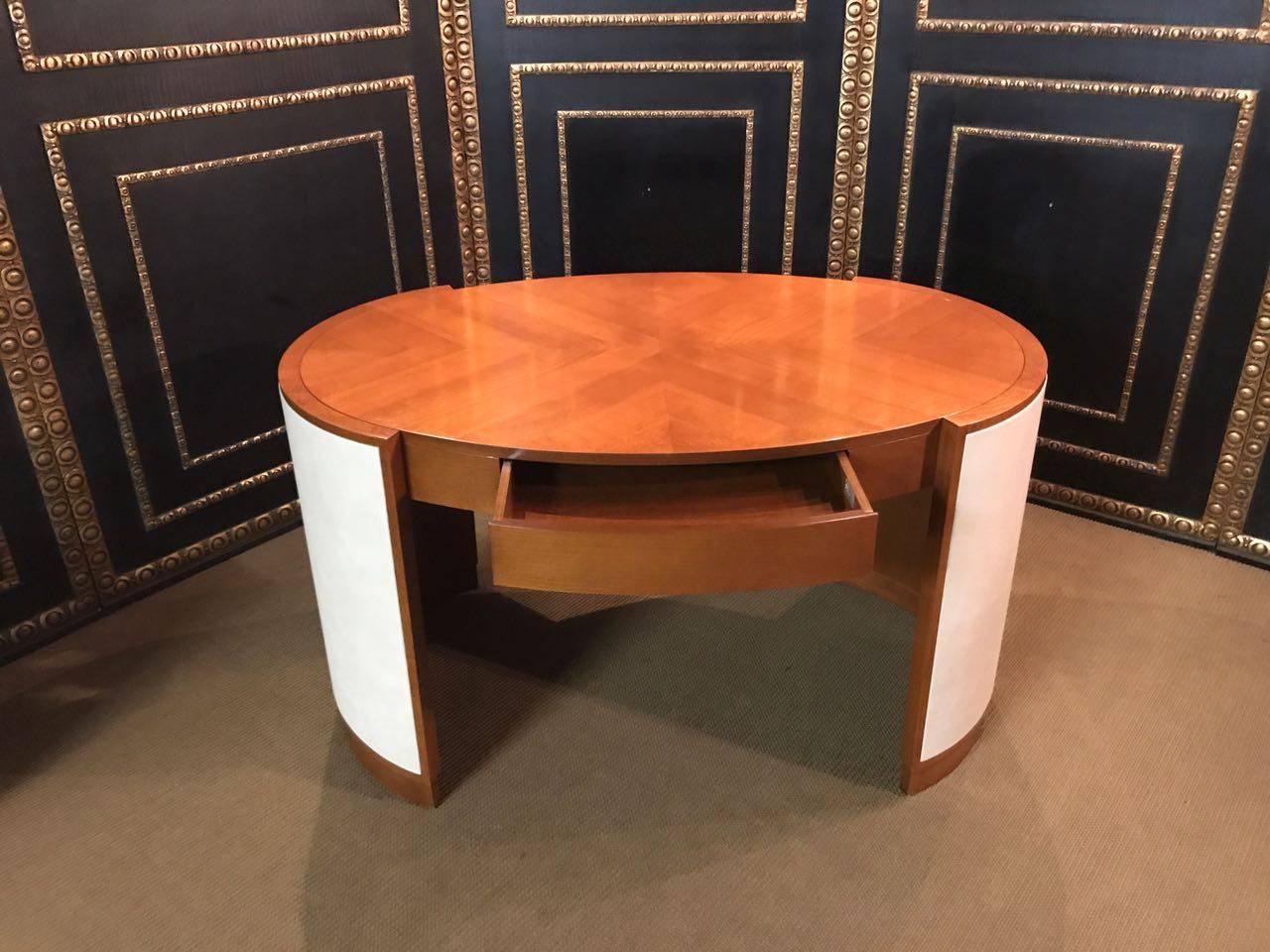 Italian Rare Italy Oval Desk with Leather in Art Deco Style - Selva