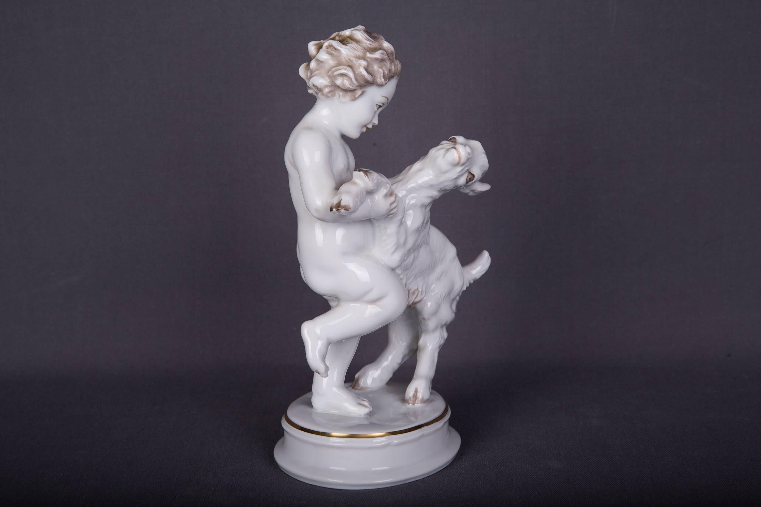 German Beautiful Old Rosenthal Figure Boy with Goat Max Fritz