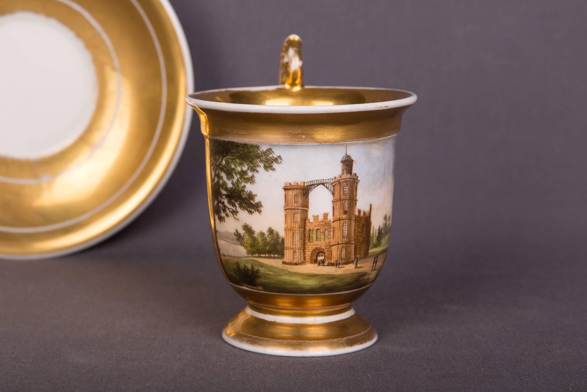 German Rare Biedermeier Collectible Cup Veduten View, Gold Painted