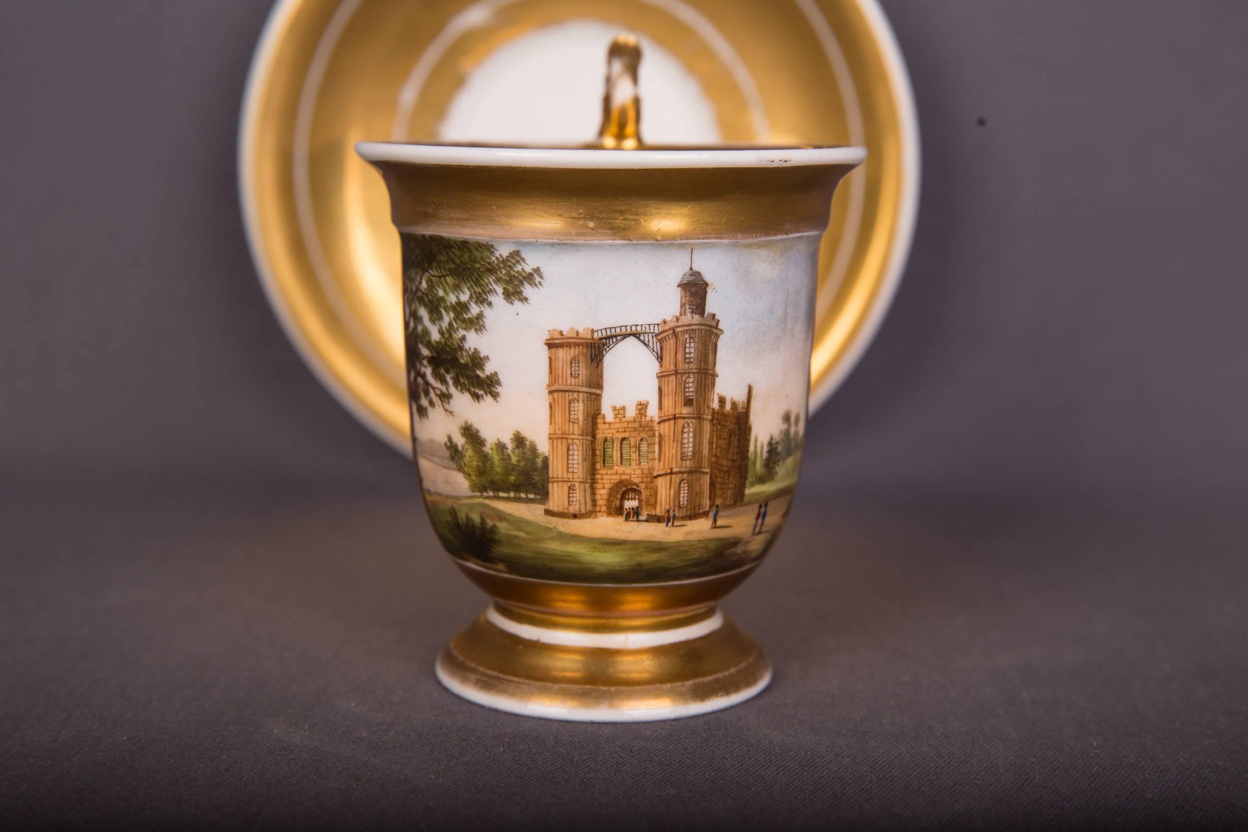 20th Century Rare Biedermeier Collectible Cup Veduten View, Gold Painted