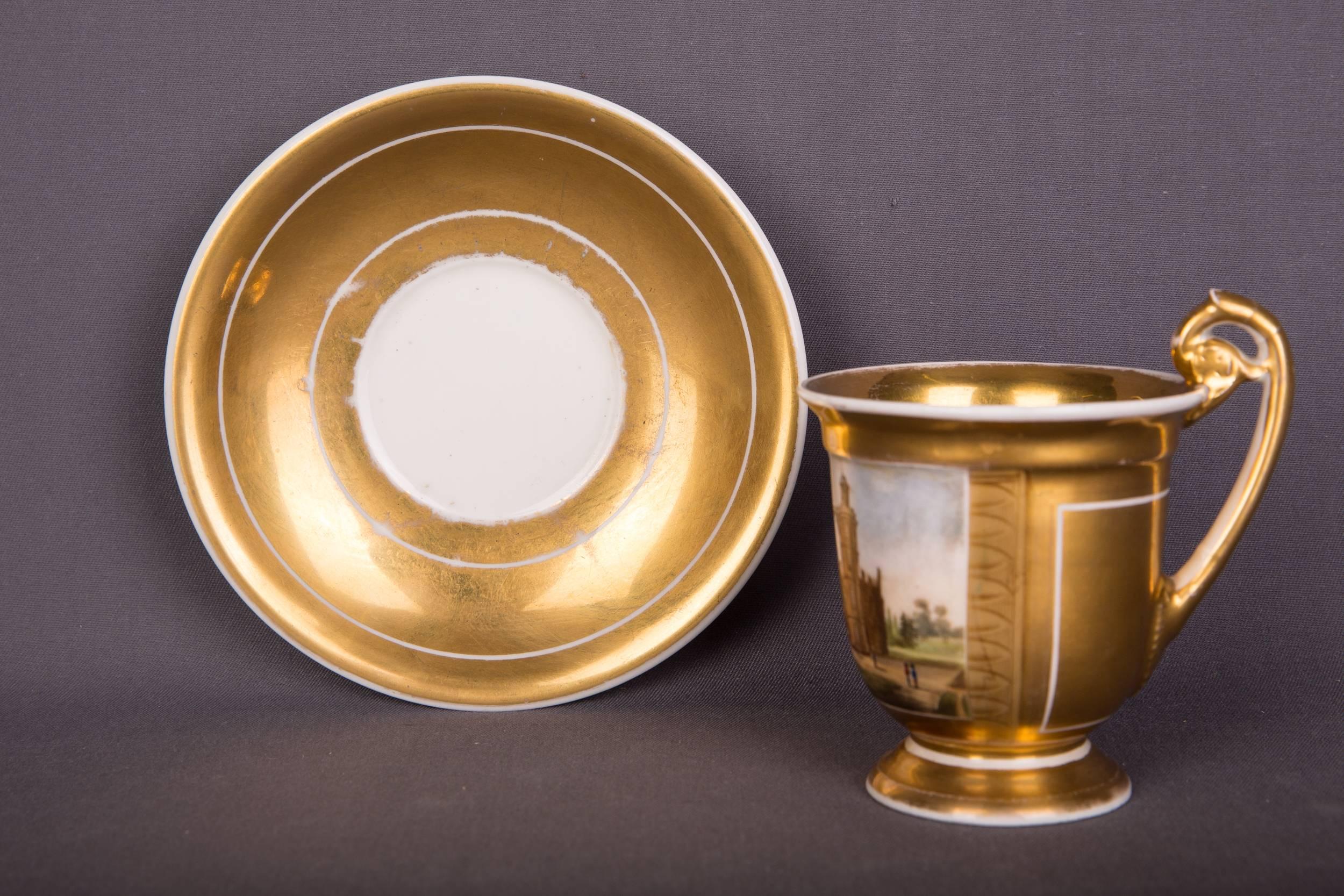 Rare Biedermeier Collectible Cup Veduten View, Gold Painted 3