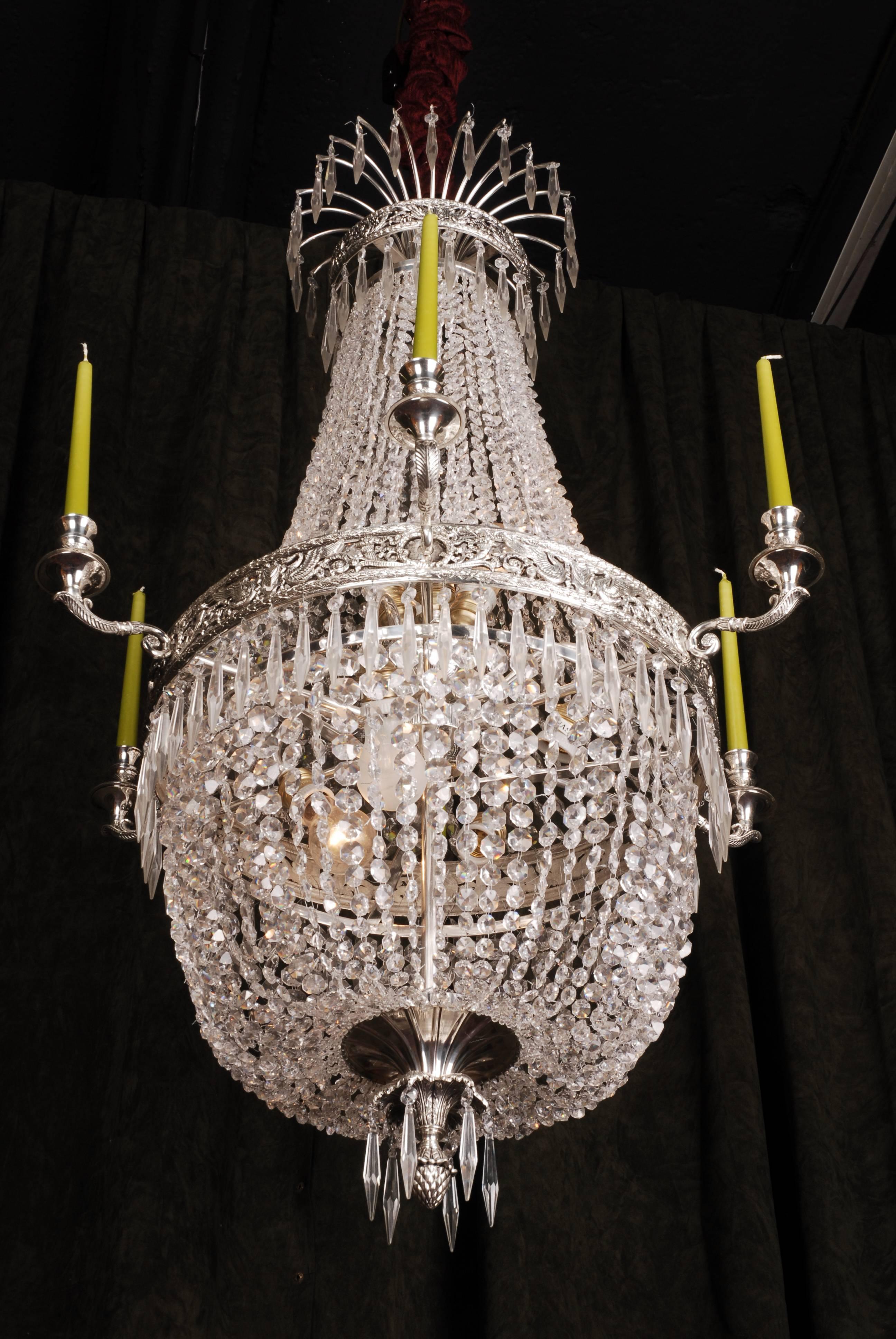 Classicist Basket Chandelier silver in antique Empire Style brass hand crafted For Sale 2