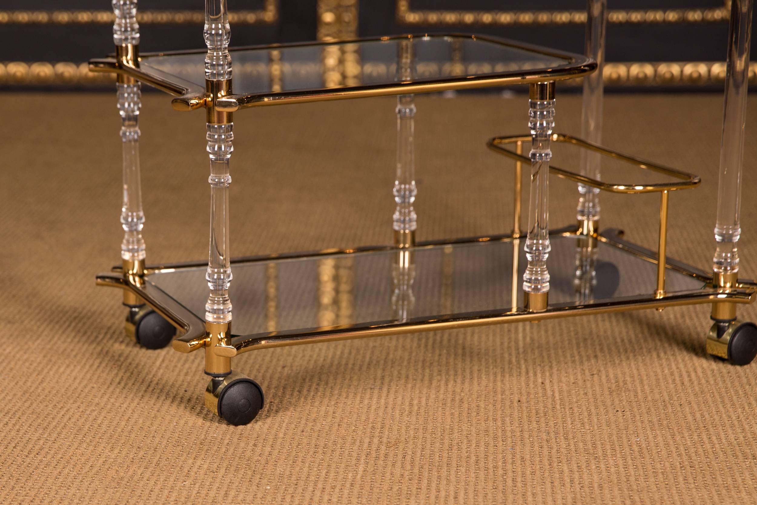 Modern High Quality rolling Acrylic Serving Tray Table with Brass glass  For Sale