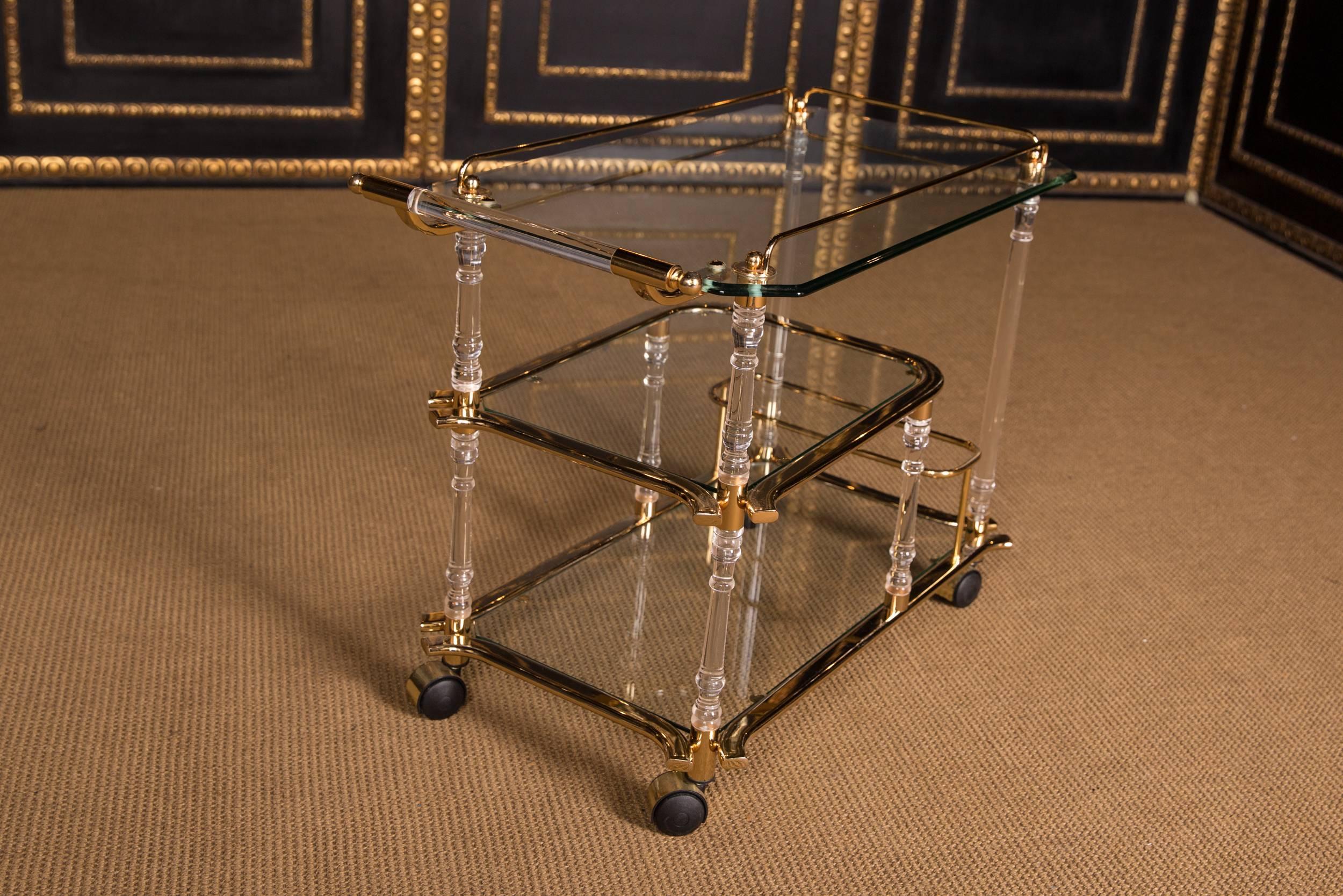 High Quality rolling Acrylic Serving Tray Table with Brass glass  For Sale 1