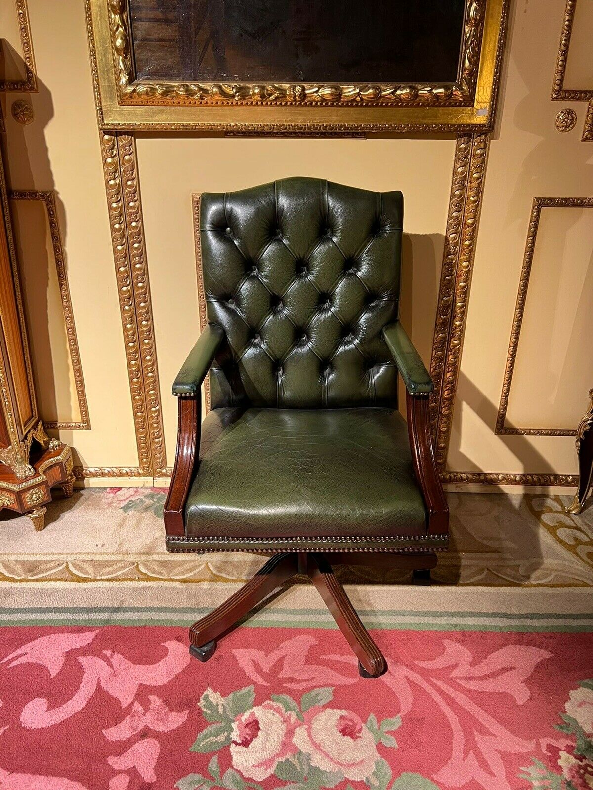 Chesterfield Vintage Captain's Office Chair in Green Leather For Sale