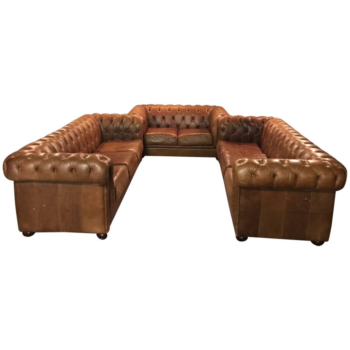 Chesterfield Seating Set in Vintage Style, Genuine Leather Beautiful Patina