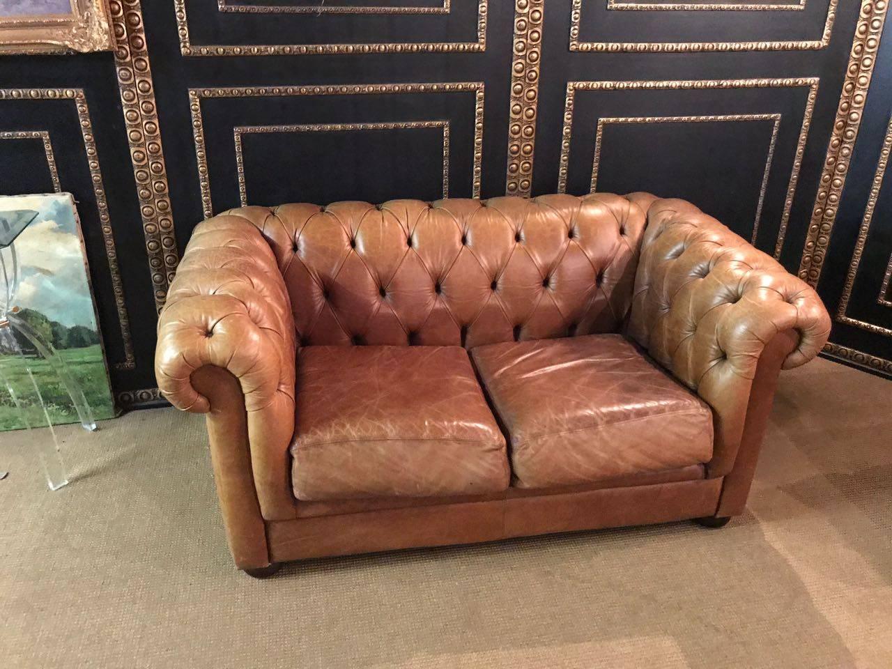 Chesterfield Seating Set in Vintage Style, Genuine Leather Beautiful Patina In Good Condition In Berlin, DE